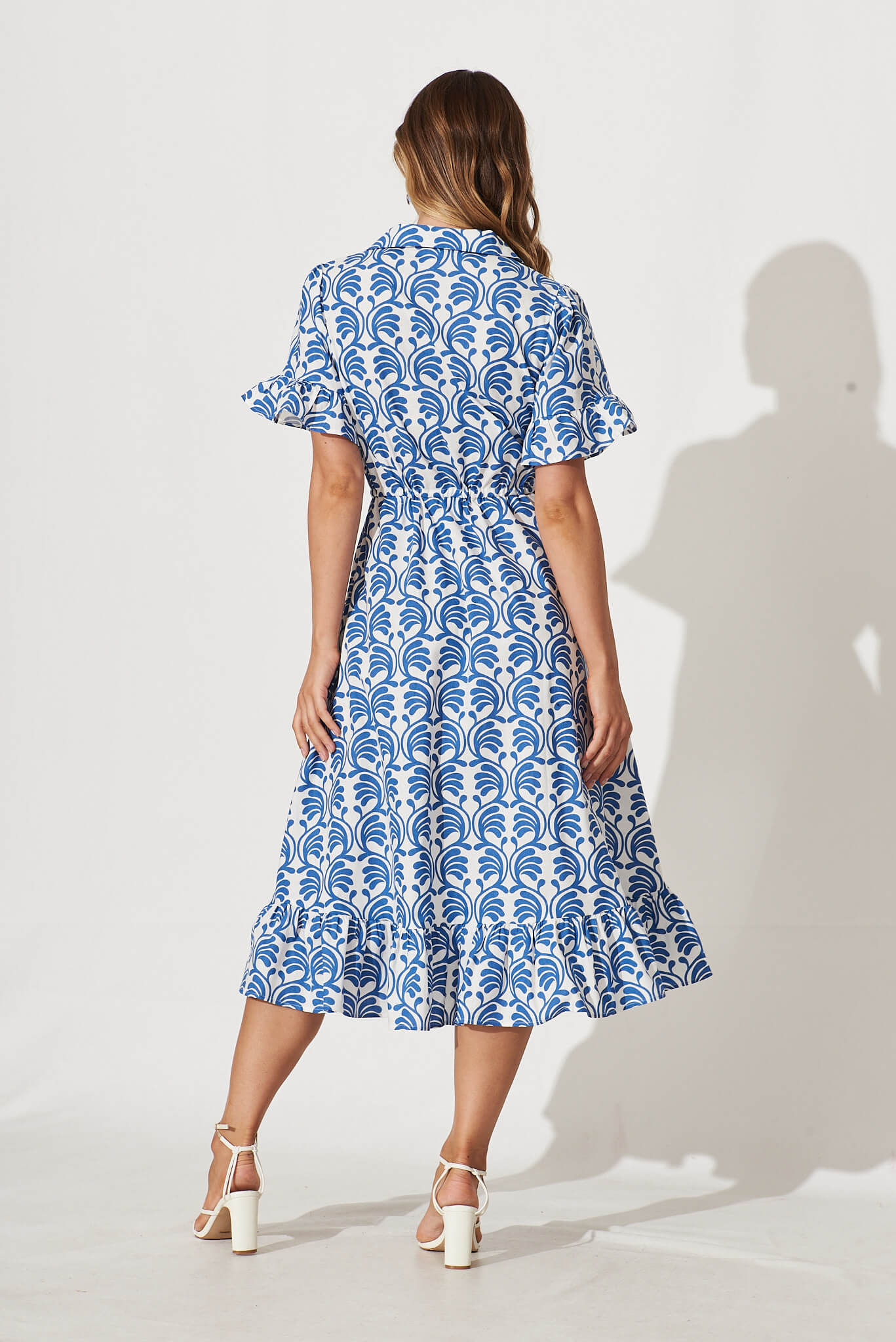 Aiken Midi Dress In Blue With White Print Cotton