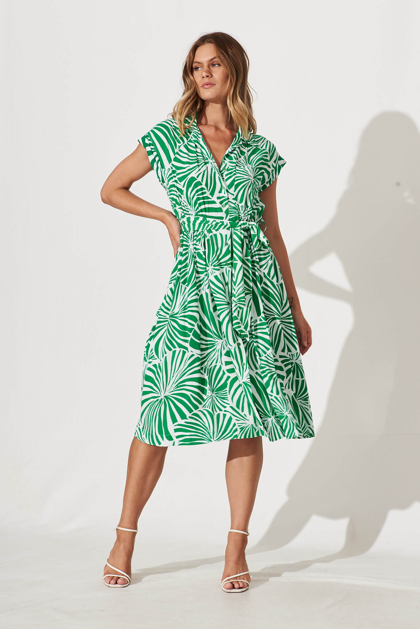 Joanie Midi Shirt Dress In Green And White Palm Print