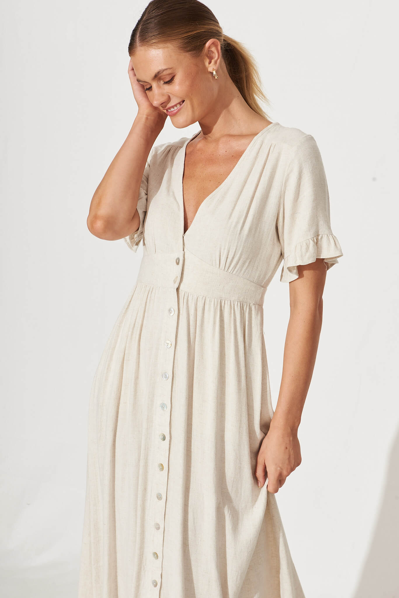 Aire Midi Dress In Oatmeal Linen