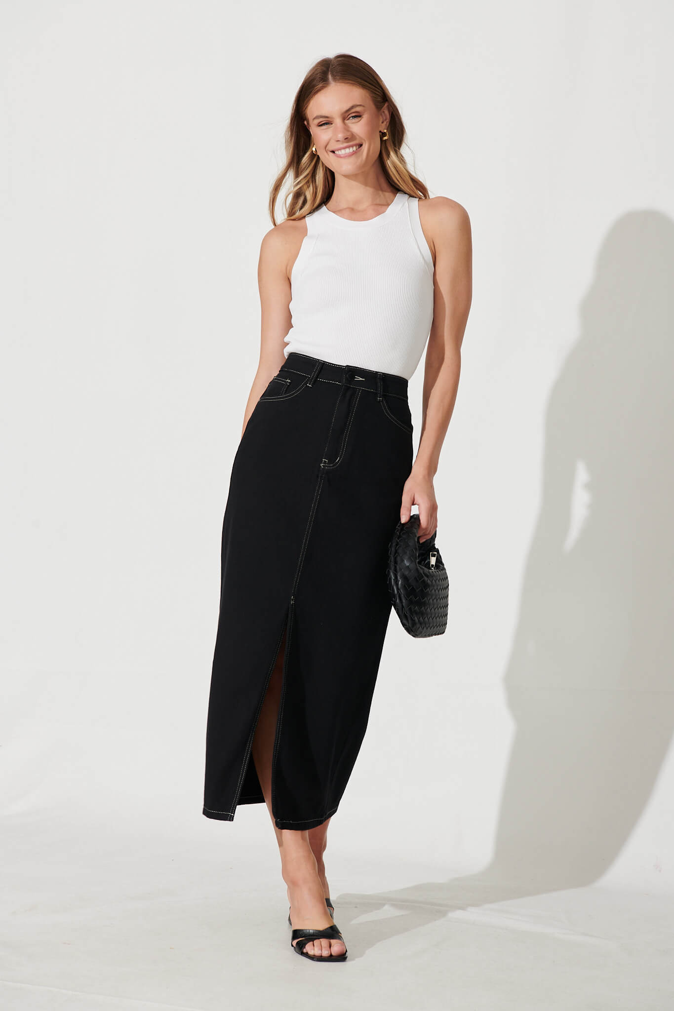 Lattice Maxi Denim Skirt In Black