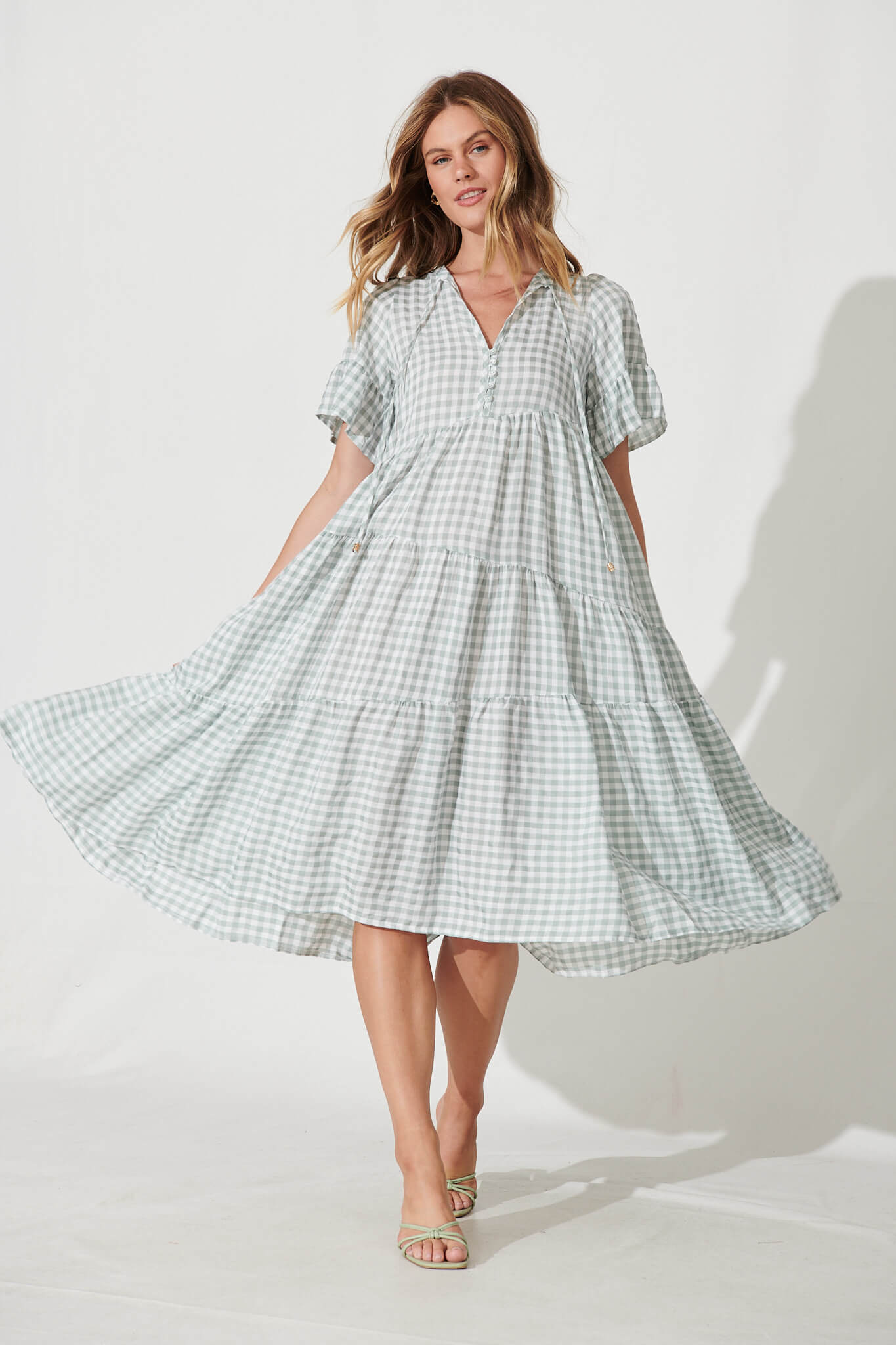 Charliese Midi Dress In Green And White Gingham Cotton Blend