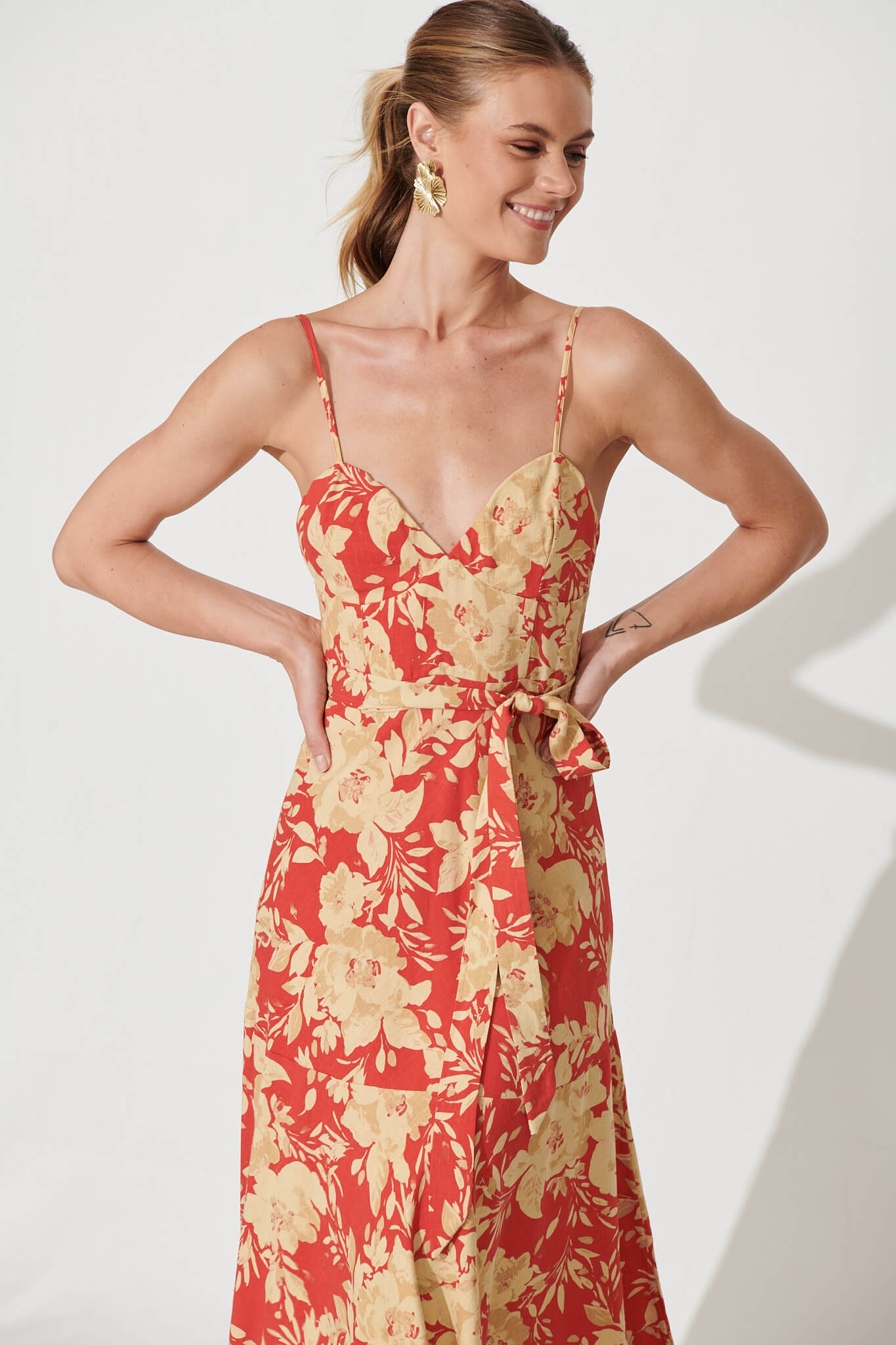 Beachside Maxi Sundress In Red With Beige Floral Linen Blend