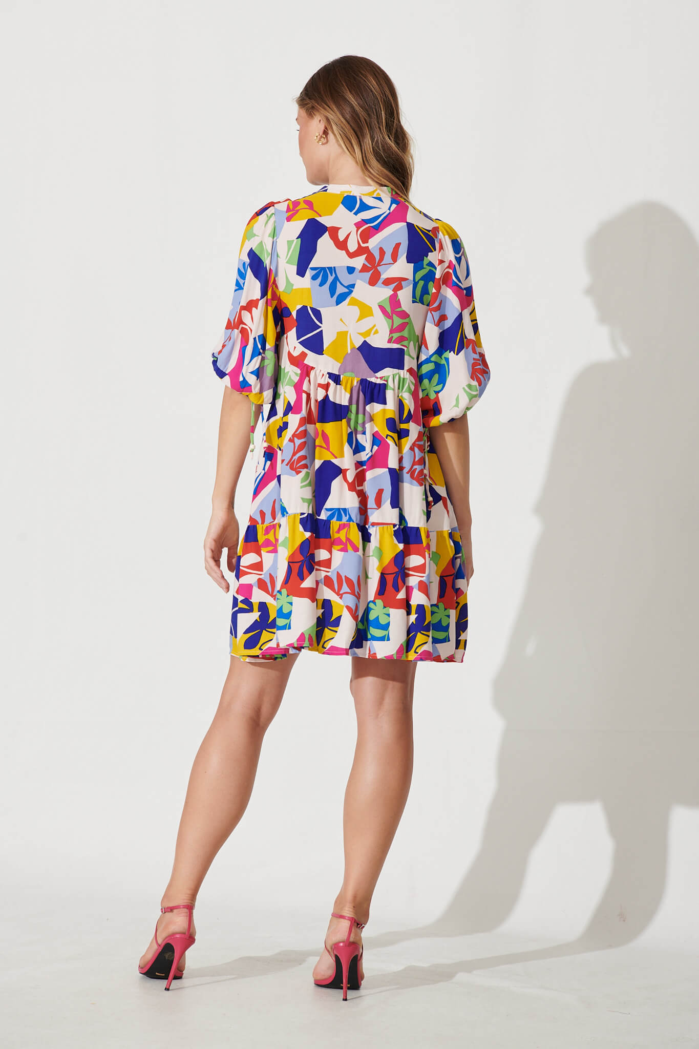 Emelyn Smock Dress In Bright Multi Leaf Print