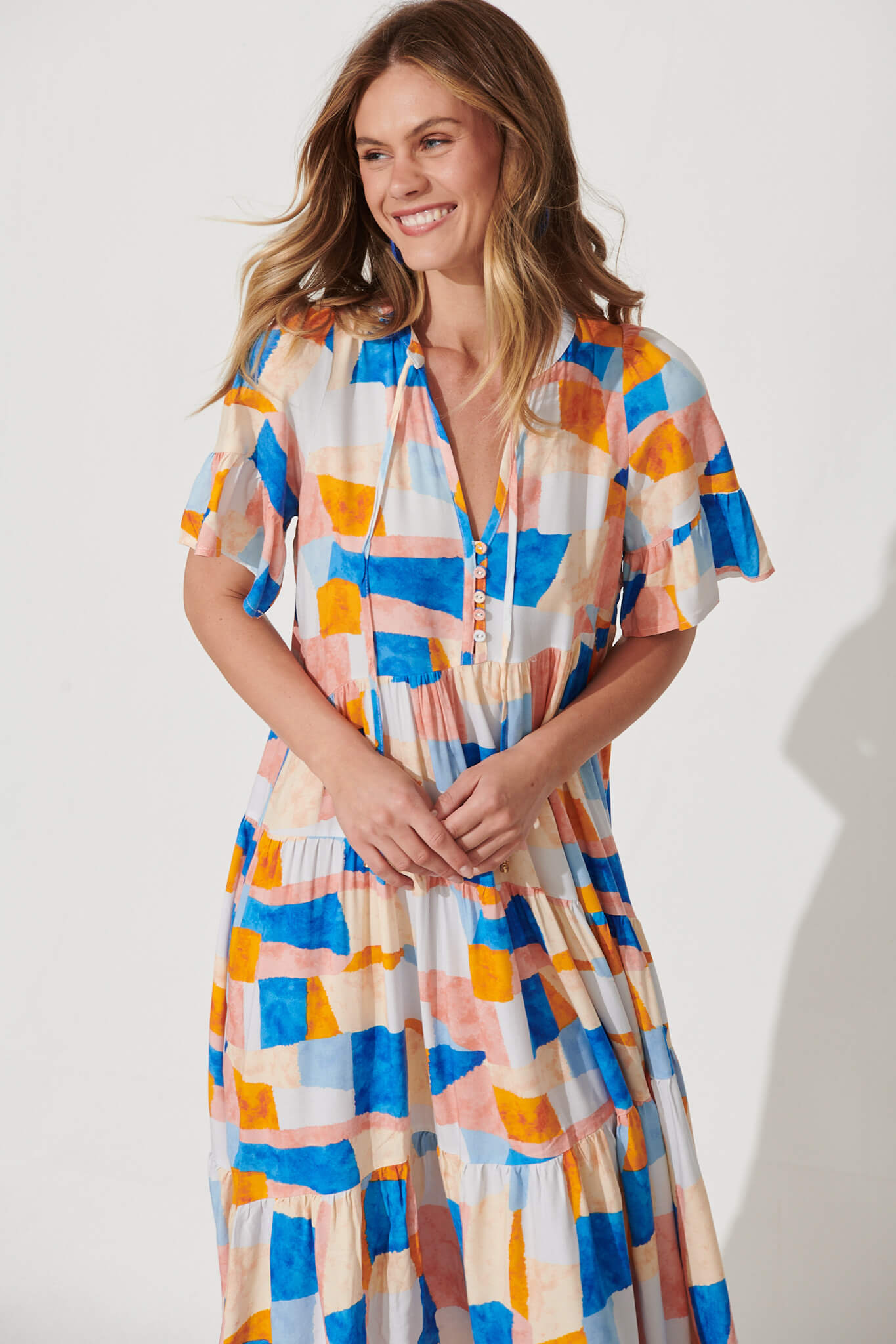 Lindy Midi Smock Dress In Abstract Squares Print