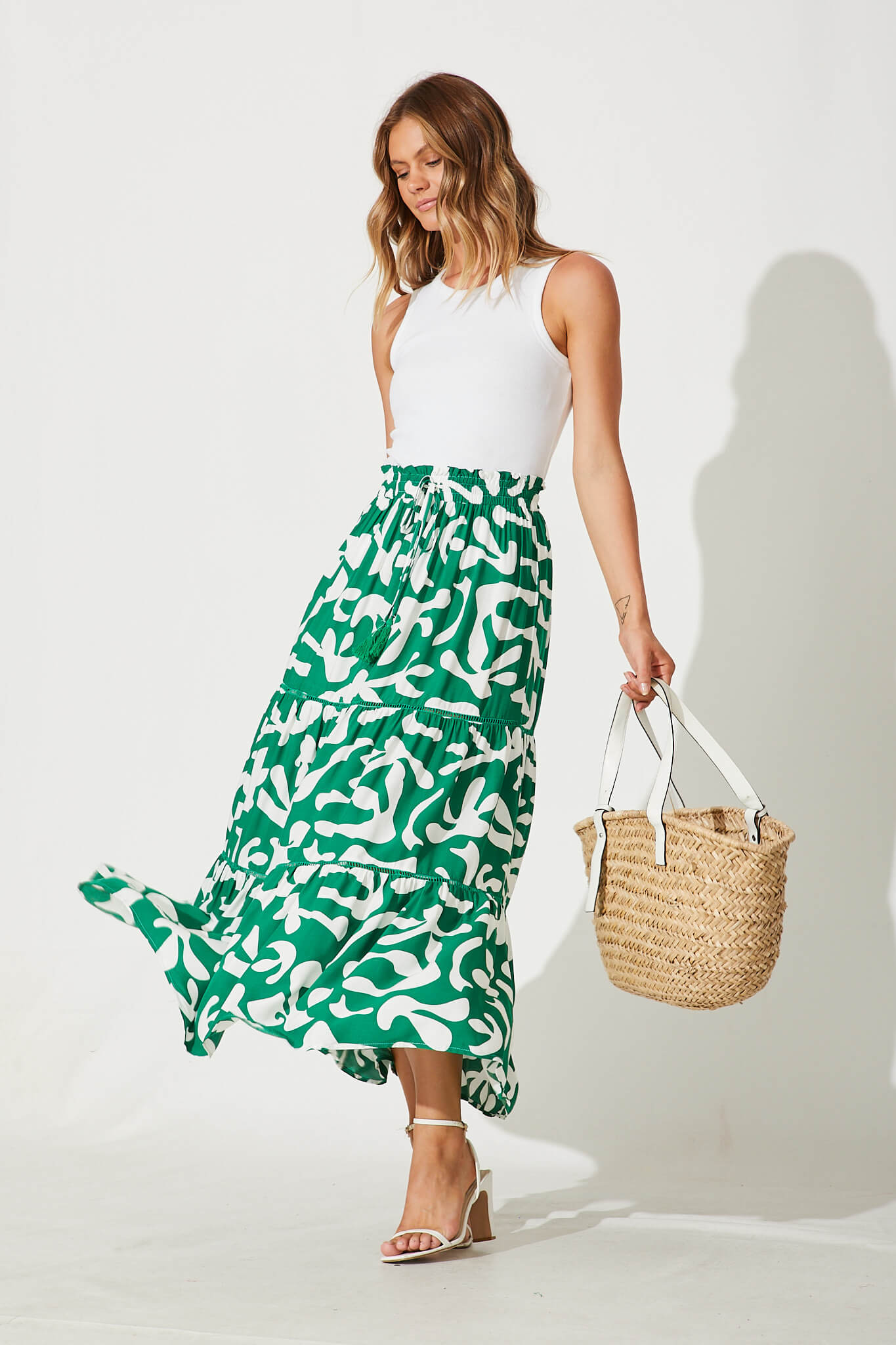 Freedom Maxi Skirt In Green With White Print