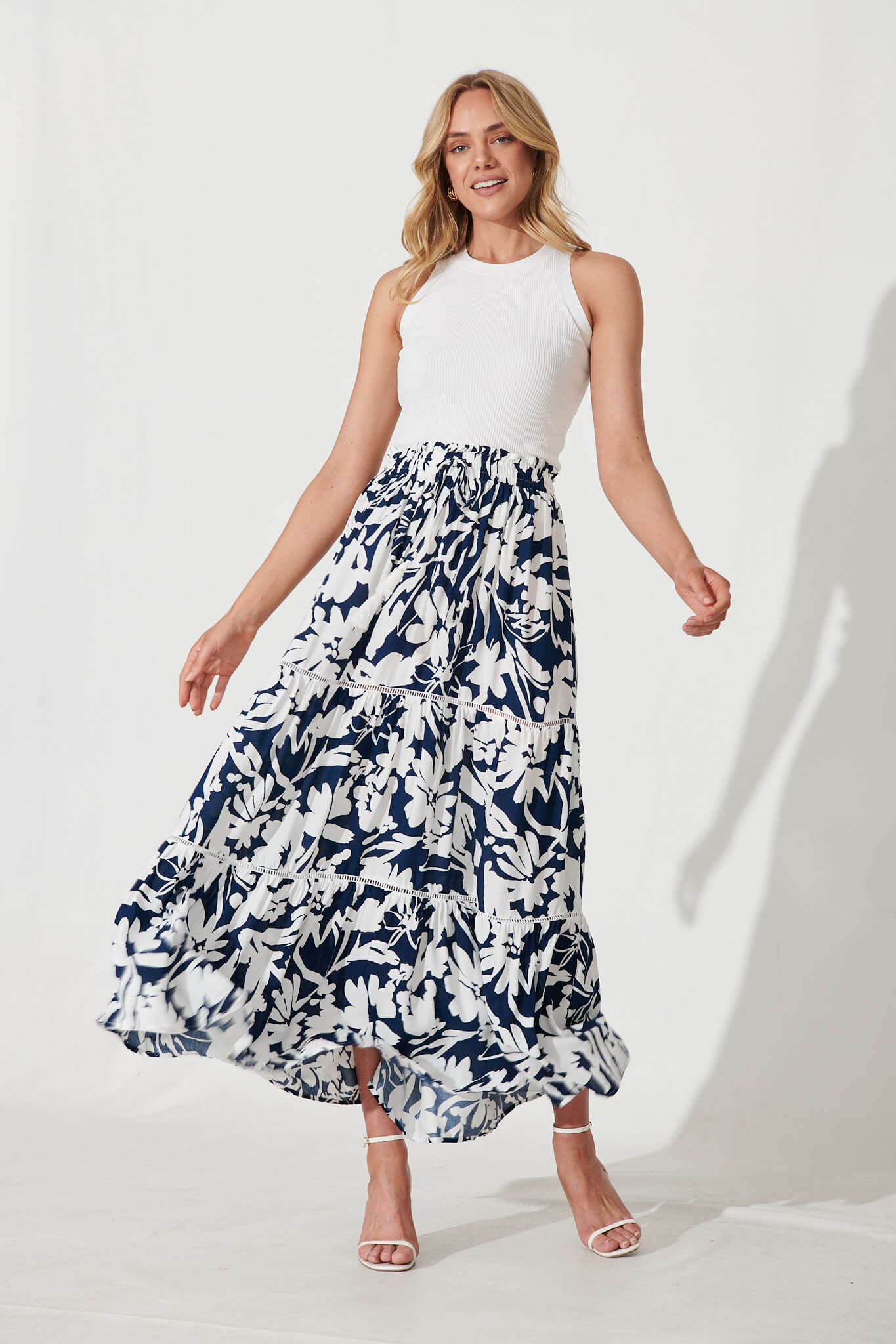 Freedom Maxi Skirt In Navy With White Floral Print