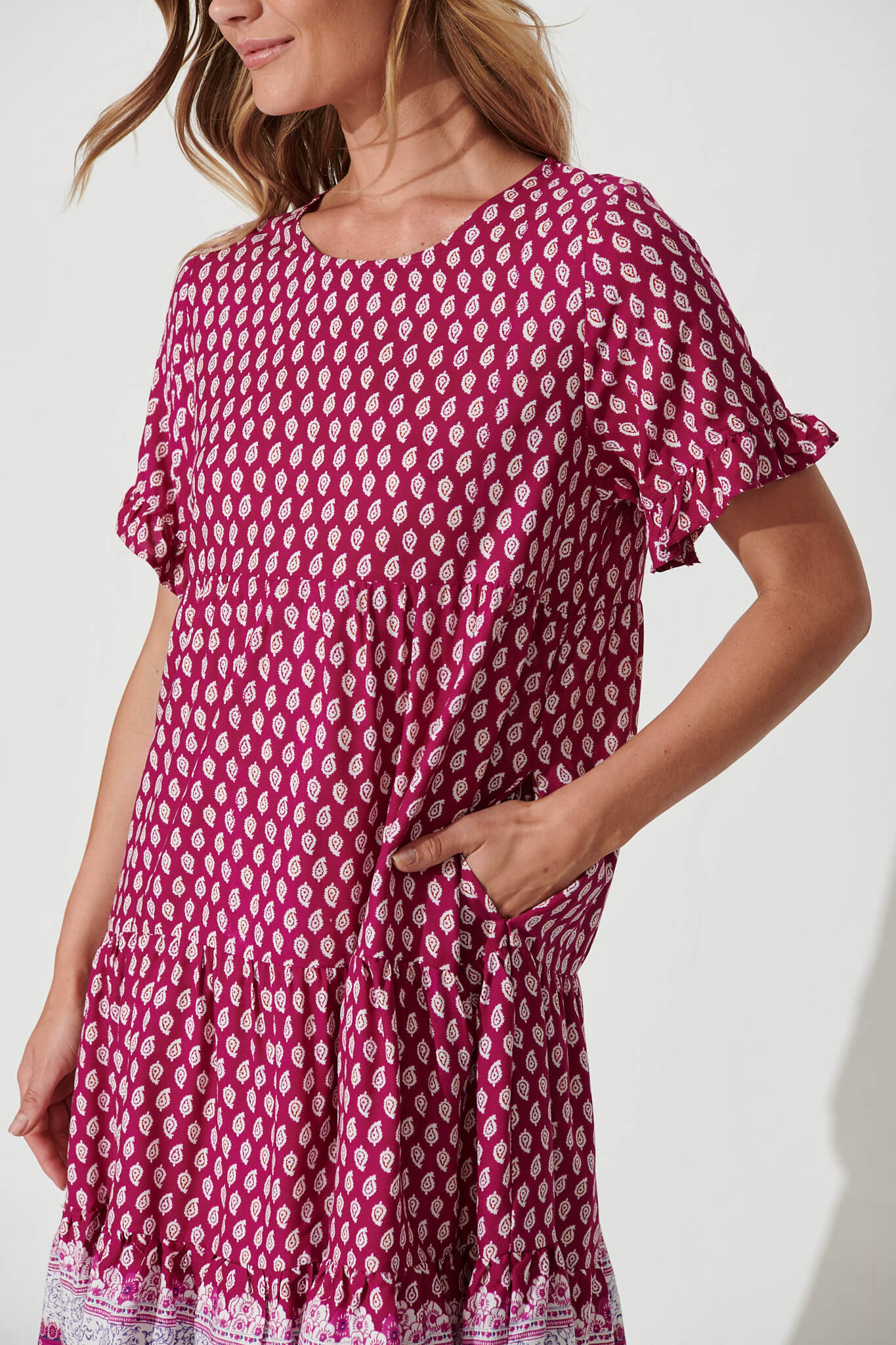 Jacklyn Smock Dress In Magenta Border Print