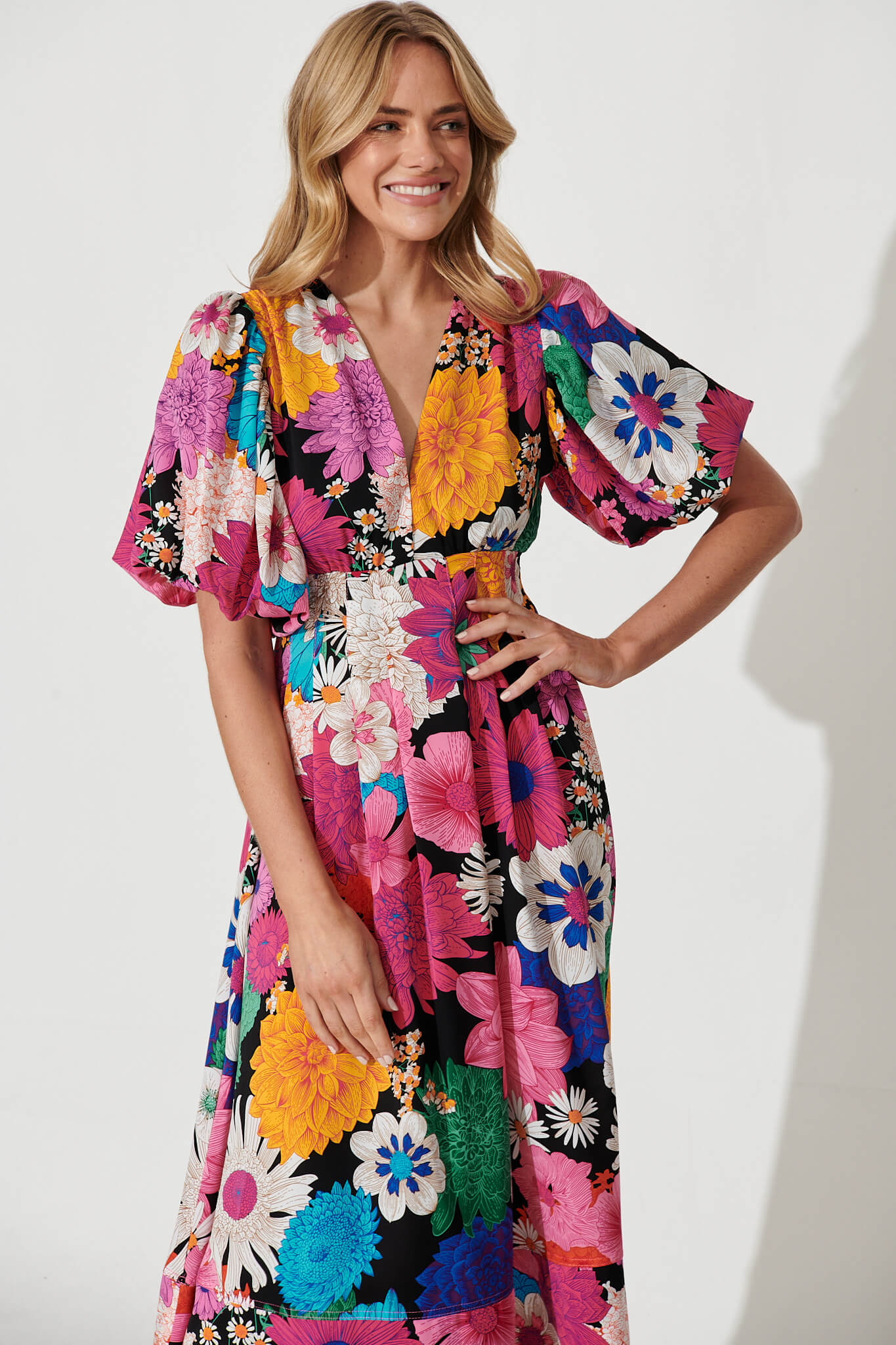 Daydreamer Midi Dress In Black Multi Floral