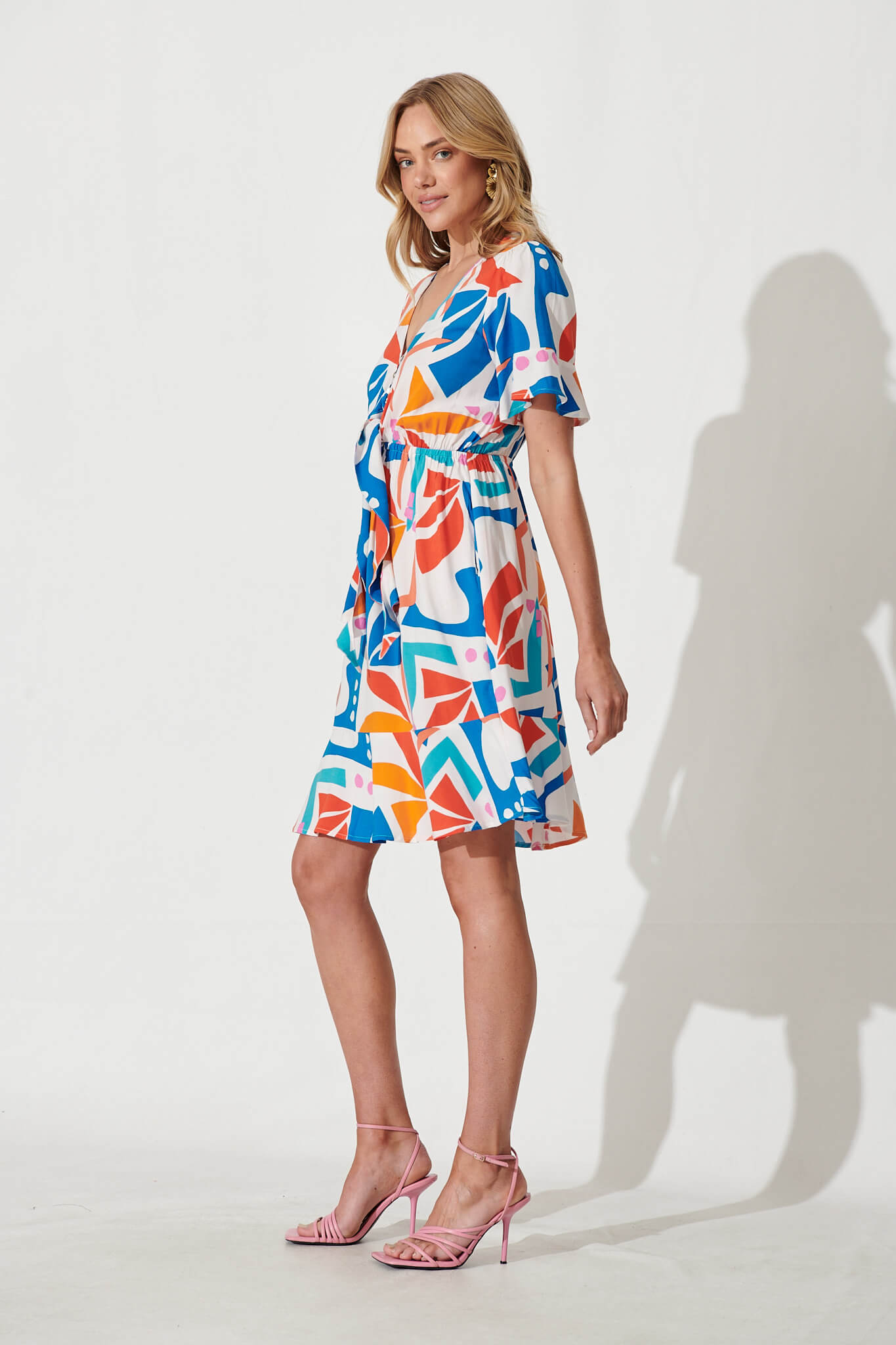 Liza Dress In White With Multi Geometric Print