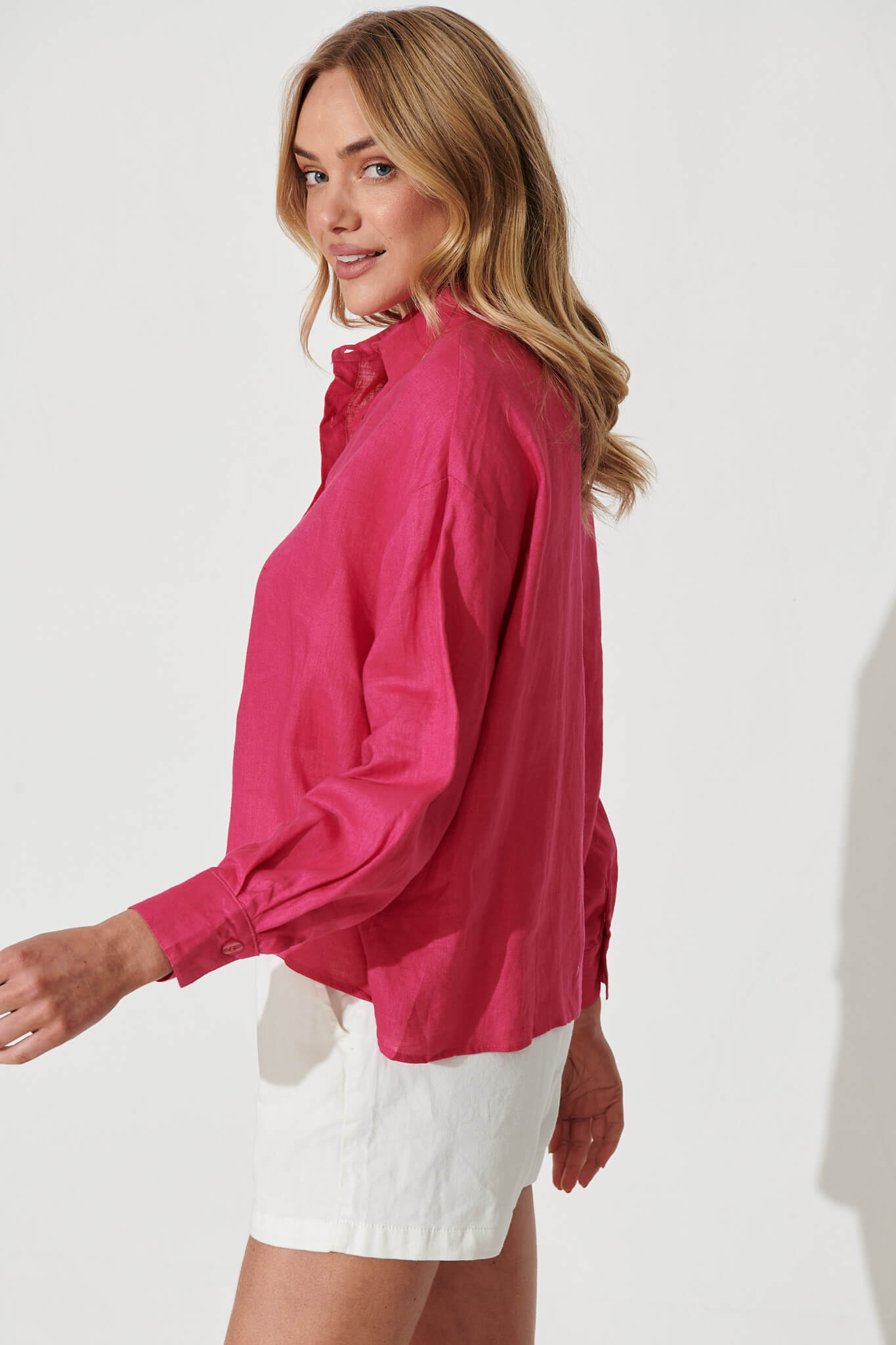 Caterina Shirt In Hot Pink Linen