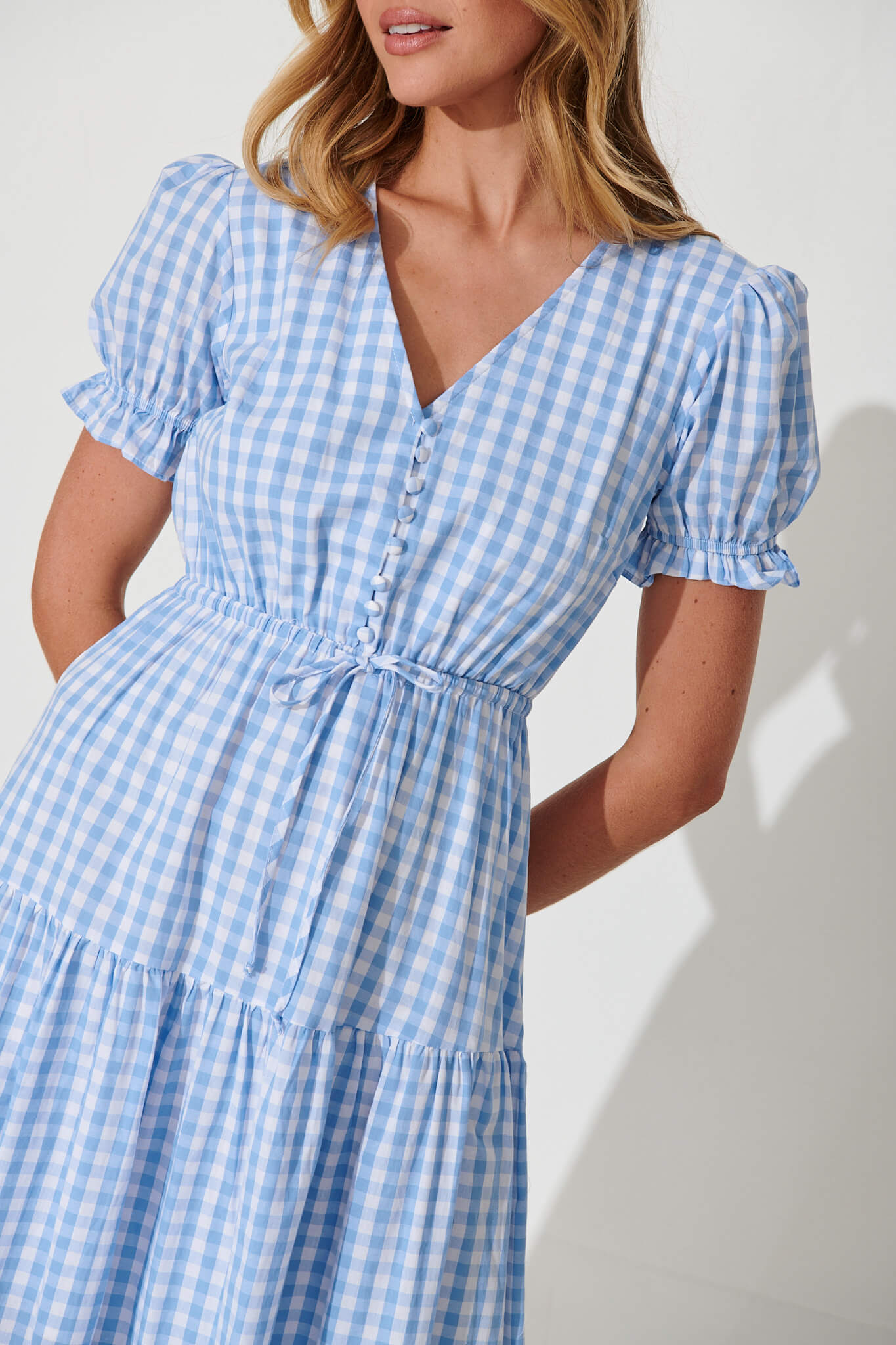 Belarus Midi Dress In Blue Gingham Cotton