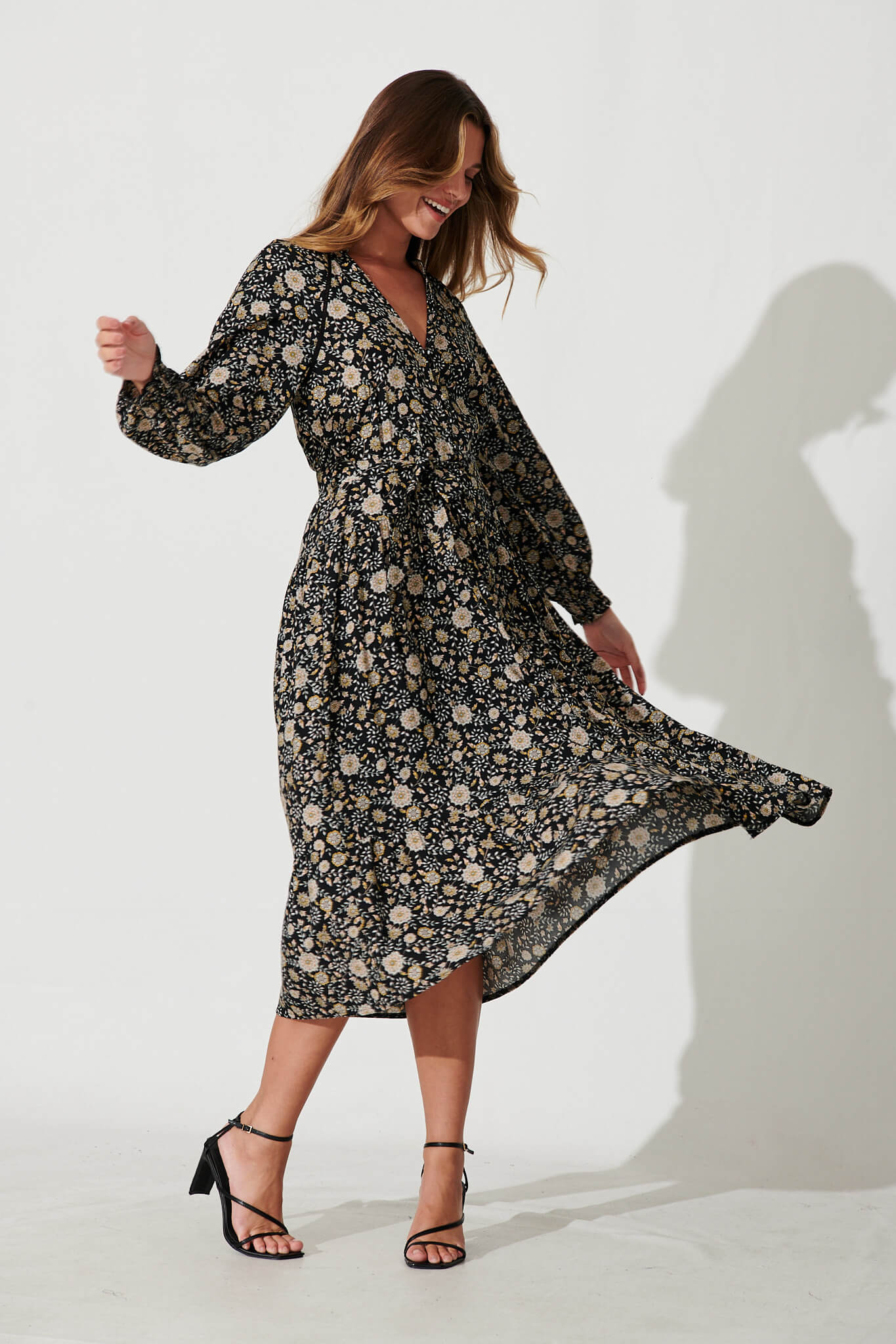 Frangipane Midi Dress In Black With Cream Floral