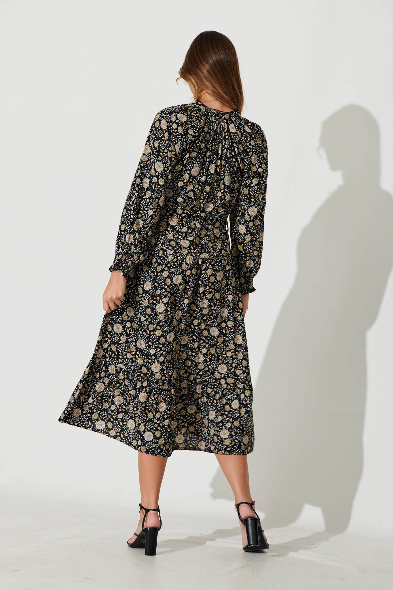 Frangipane Midi Dress In Black With Cream Floral