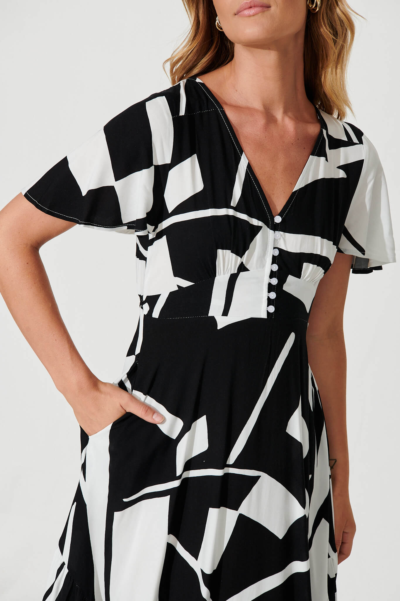 Brightside Maxi Dress In Black With White Geometric Print