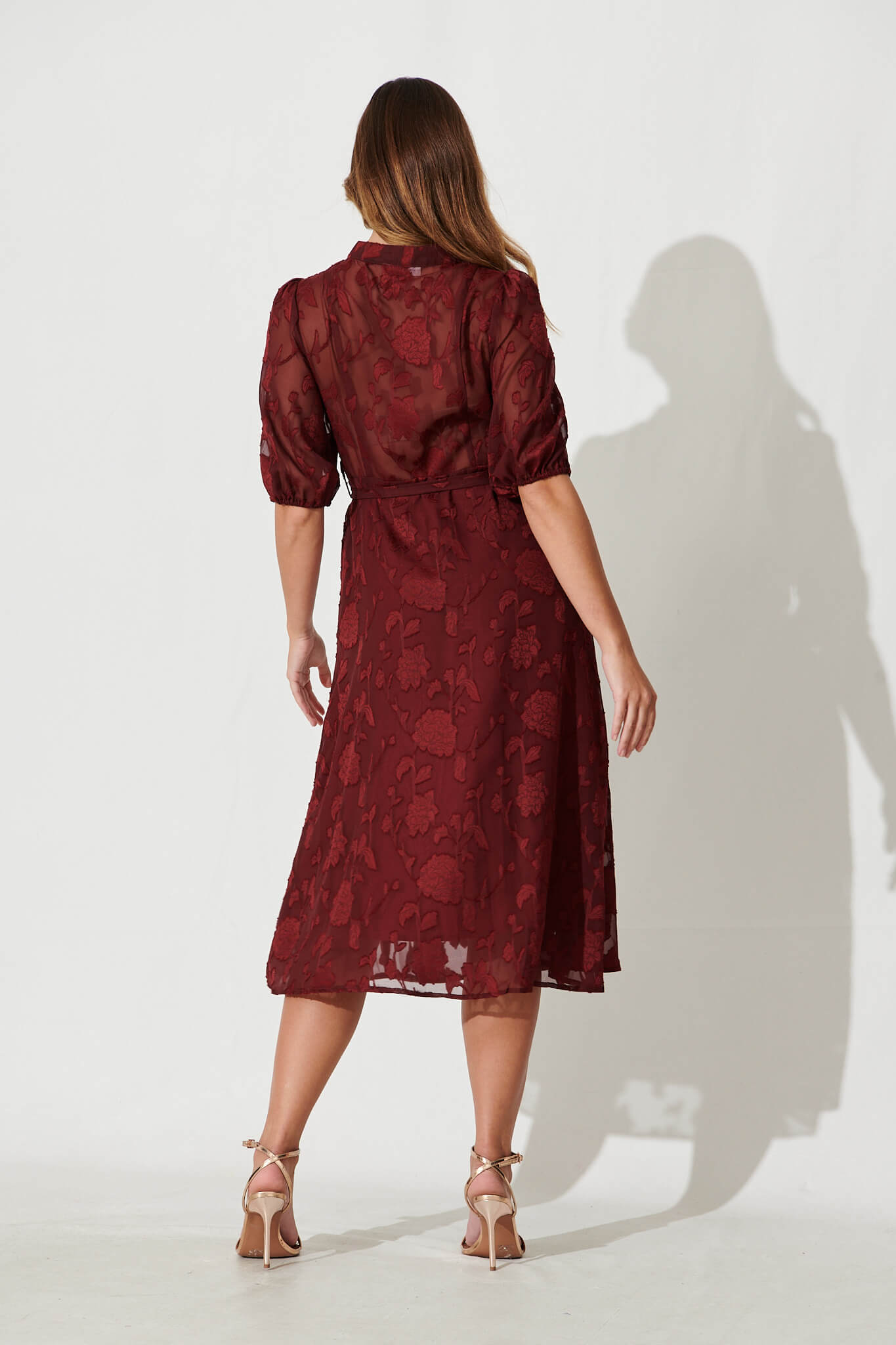 Lilianna Midi Shirt Dress In Wine Burnout Chiffon