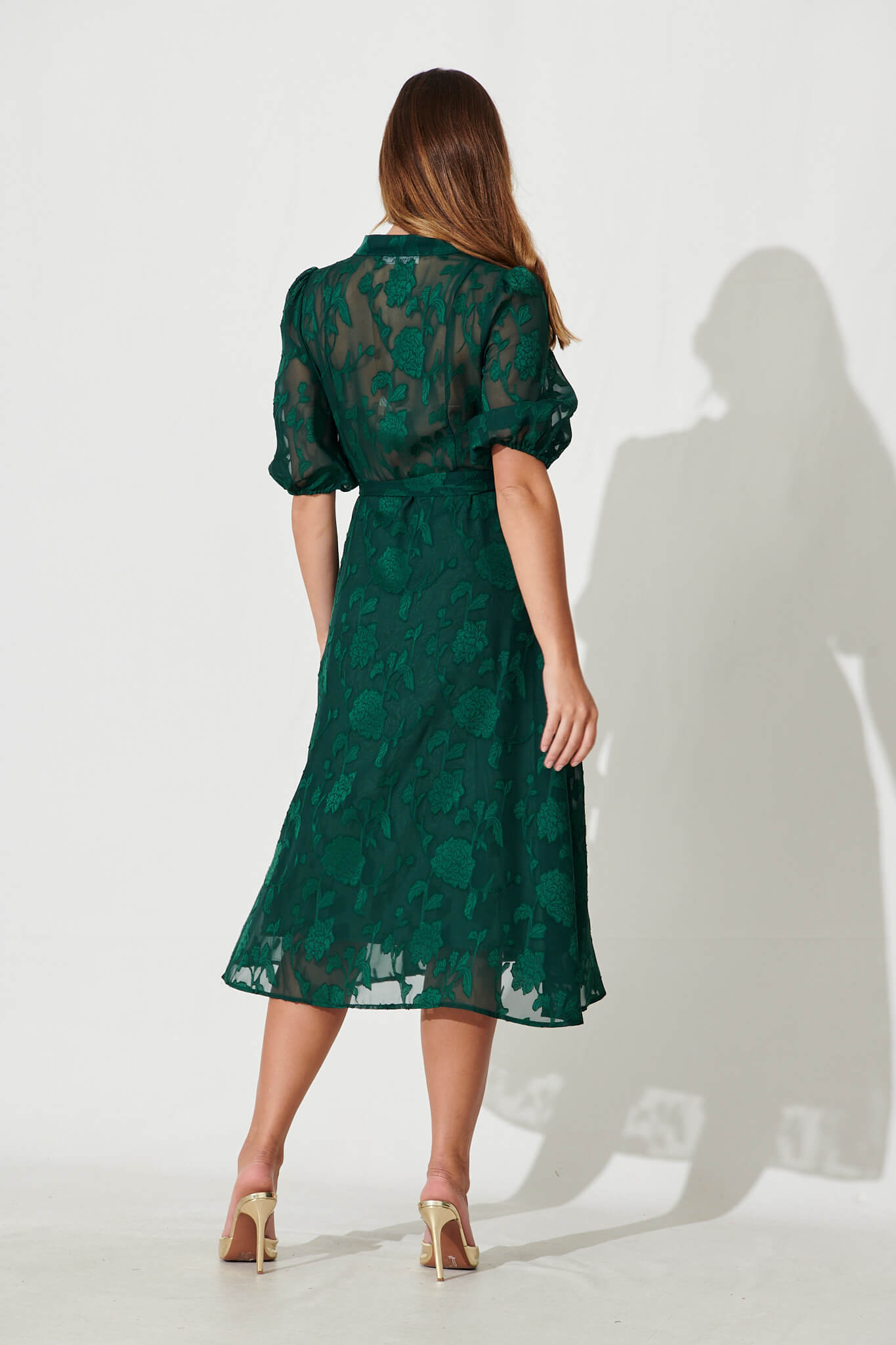 Lilianna Midi Shirt Dress In Emerald Burnout Chiffon