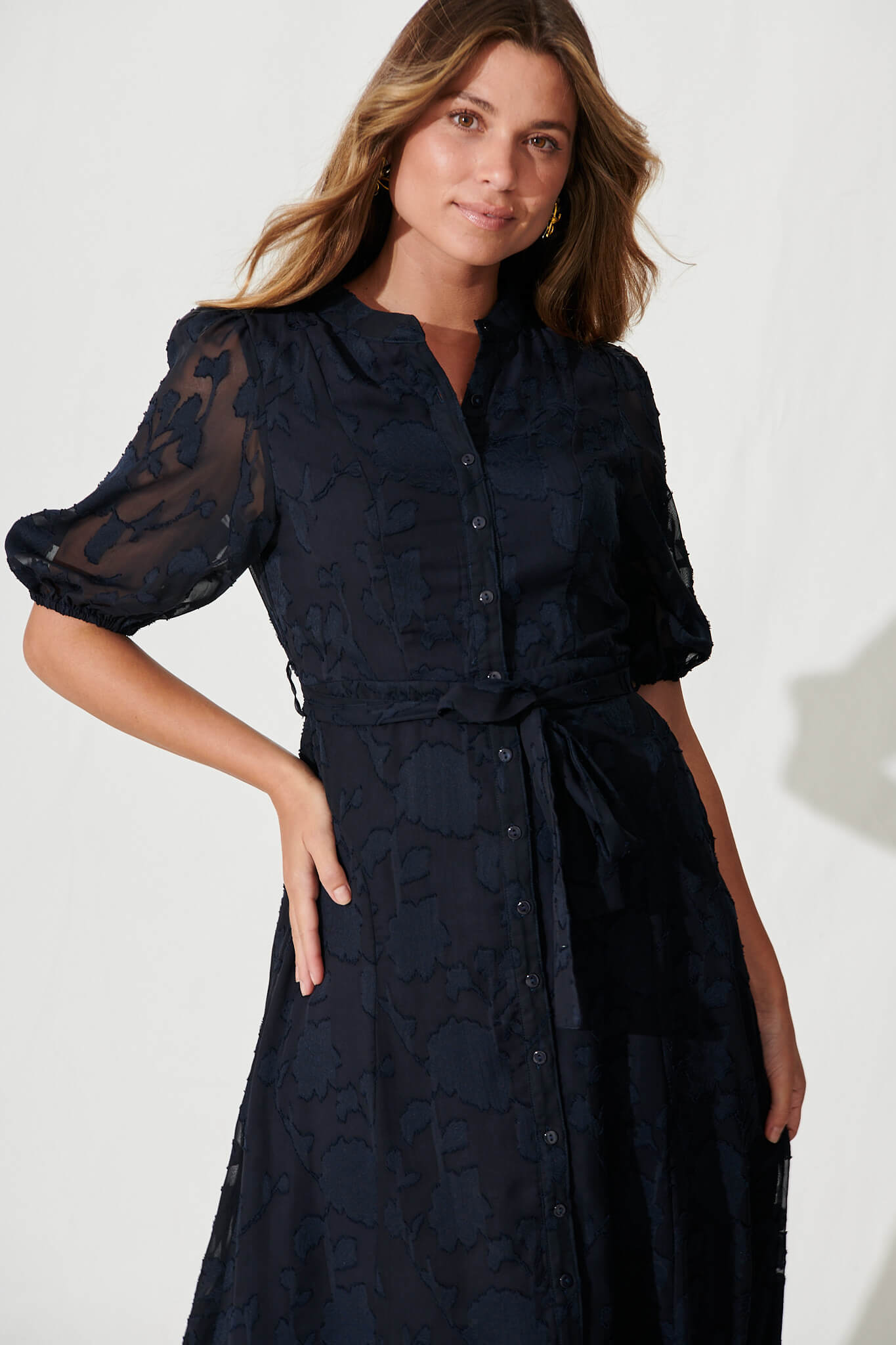 Lilianna Midi Shirt Dress In Navy Burnout Chiffon