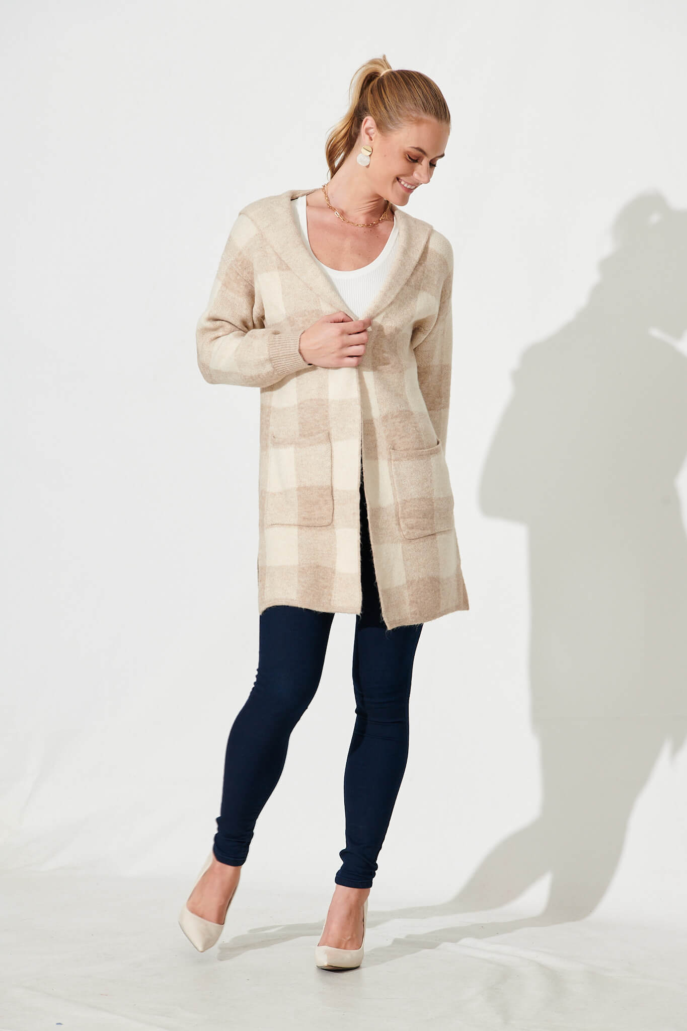 Dina Hood Knit Cardigan In Beige Check Wool Blend