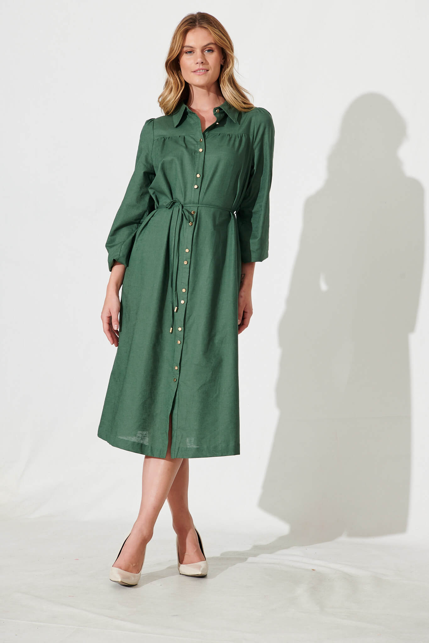 Landed Midi Shirt Dress In Green Cotton Linen