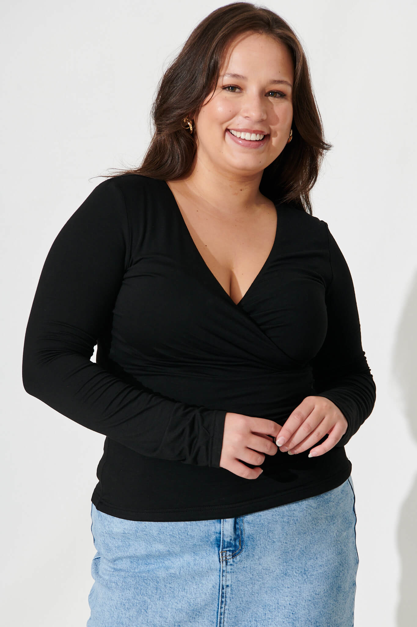 Kennedi Mock Wrap Top In Black Jersey