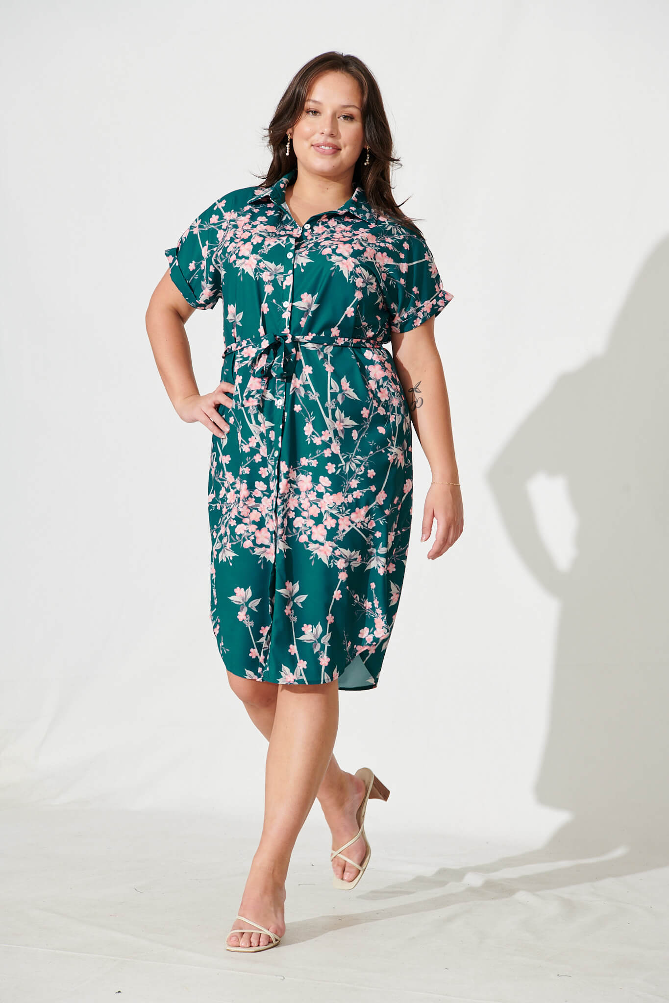 Maddison Shirt Dress In Teal With Pink Cherry Blossom