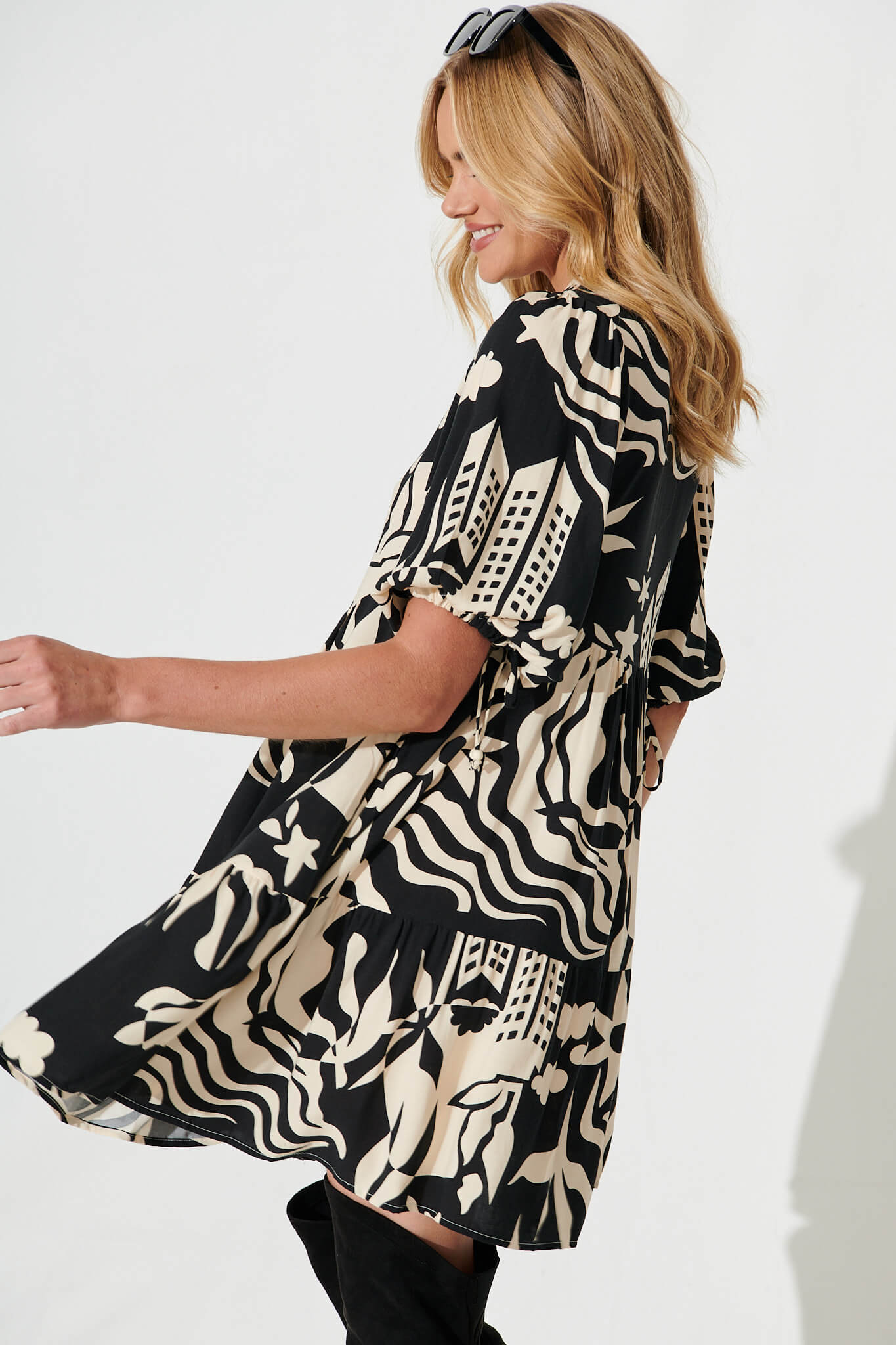 Emelyn Smock Dress In Black And Cream Print