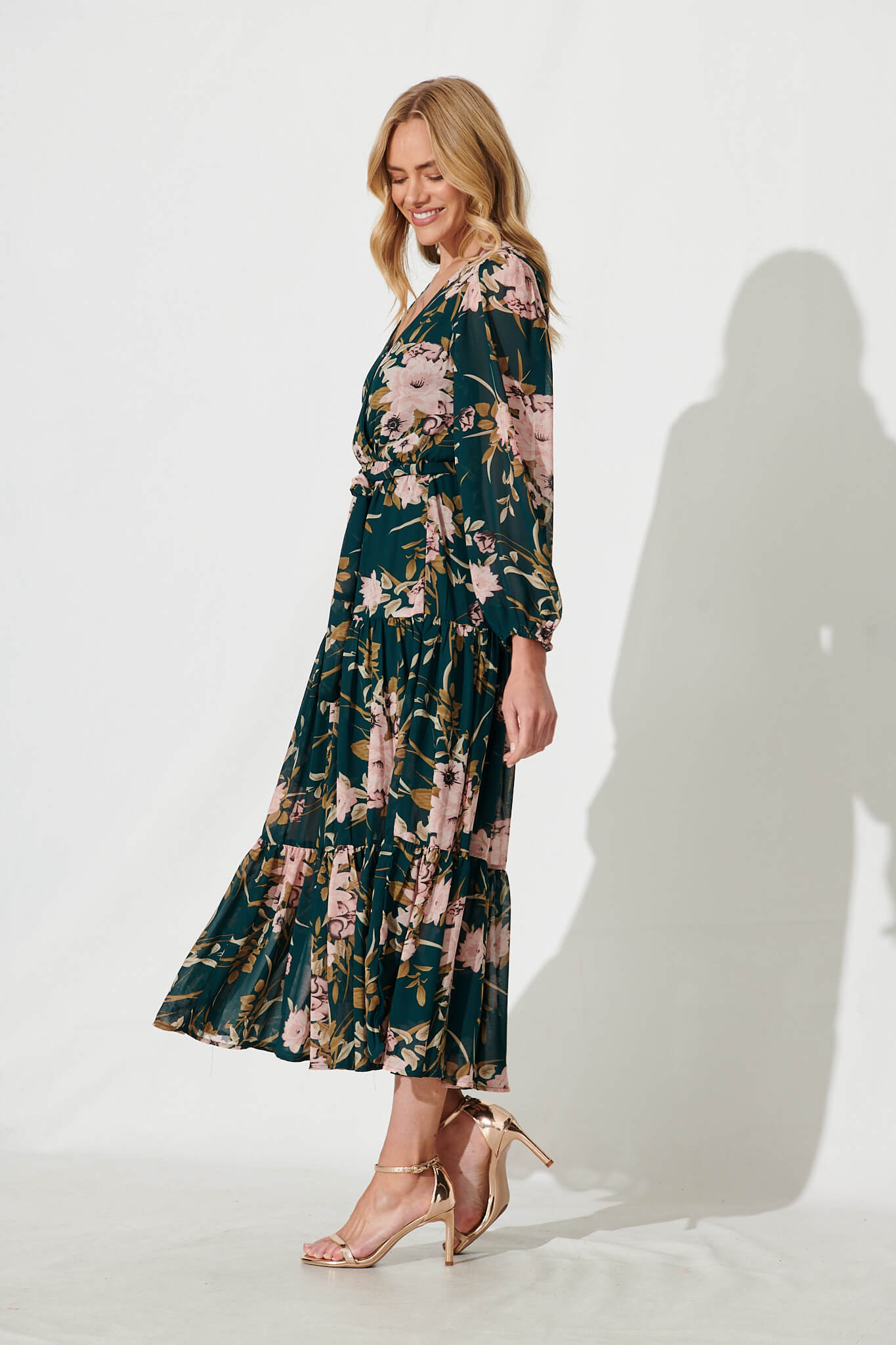 Alexis Maxi Dress In Emerald With Pink Floral Chiffon