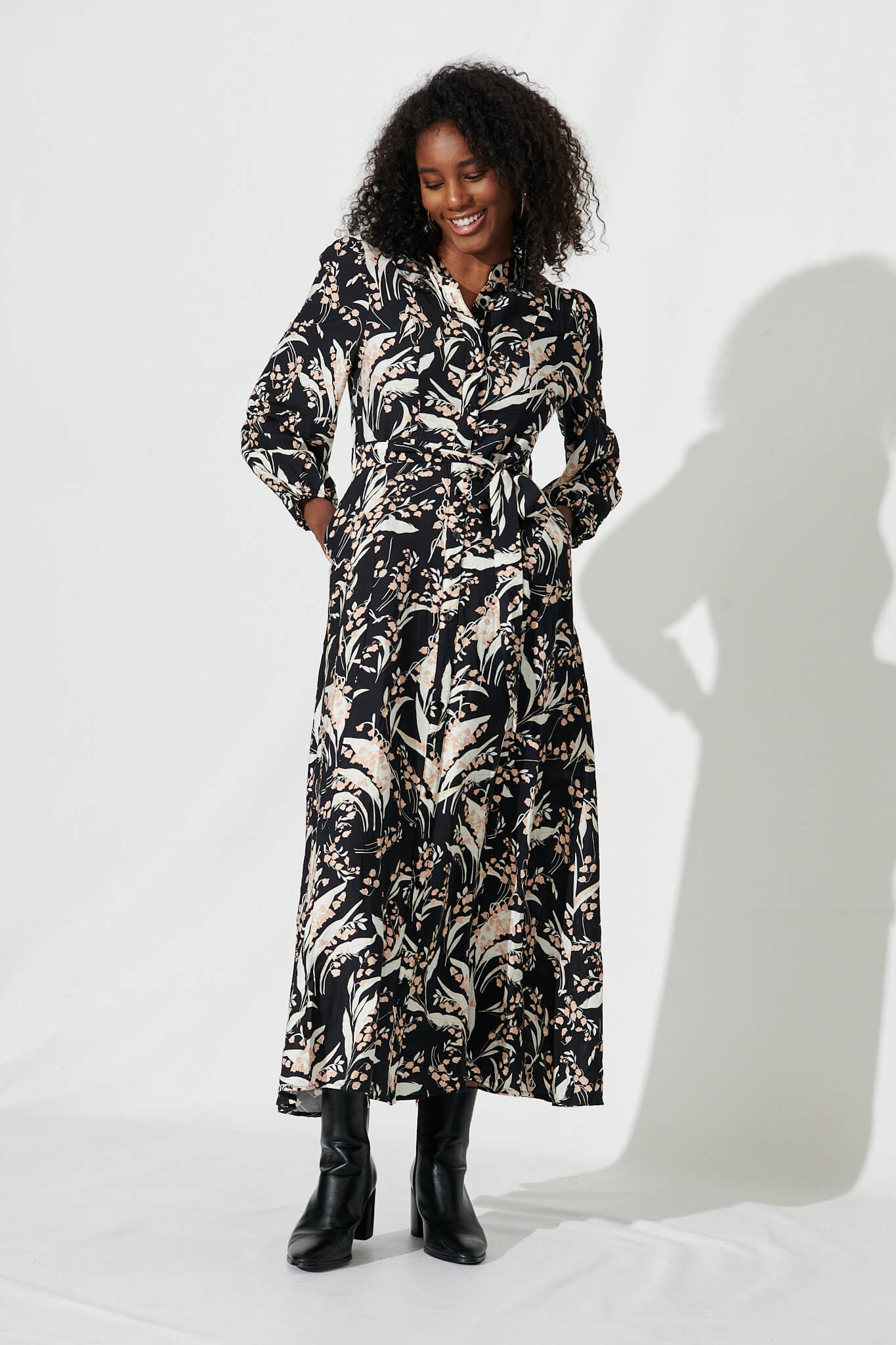 Lorie Maxi Shirt Dress In Black With Cream Leaf Cotton Blend