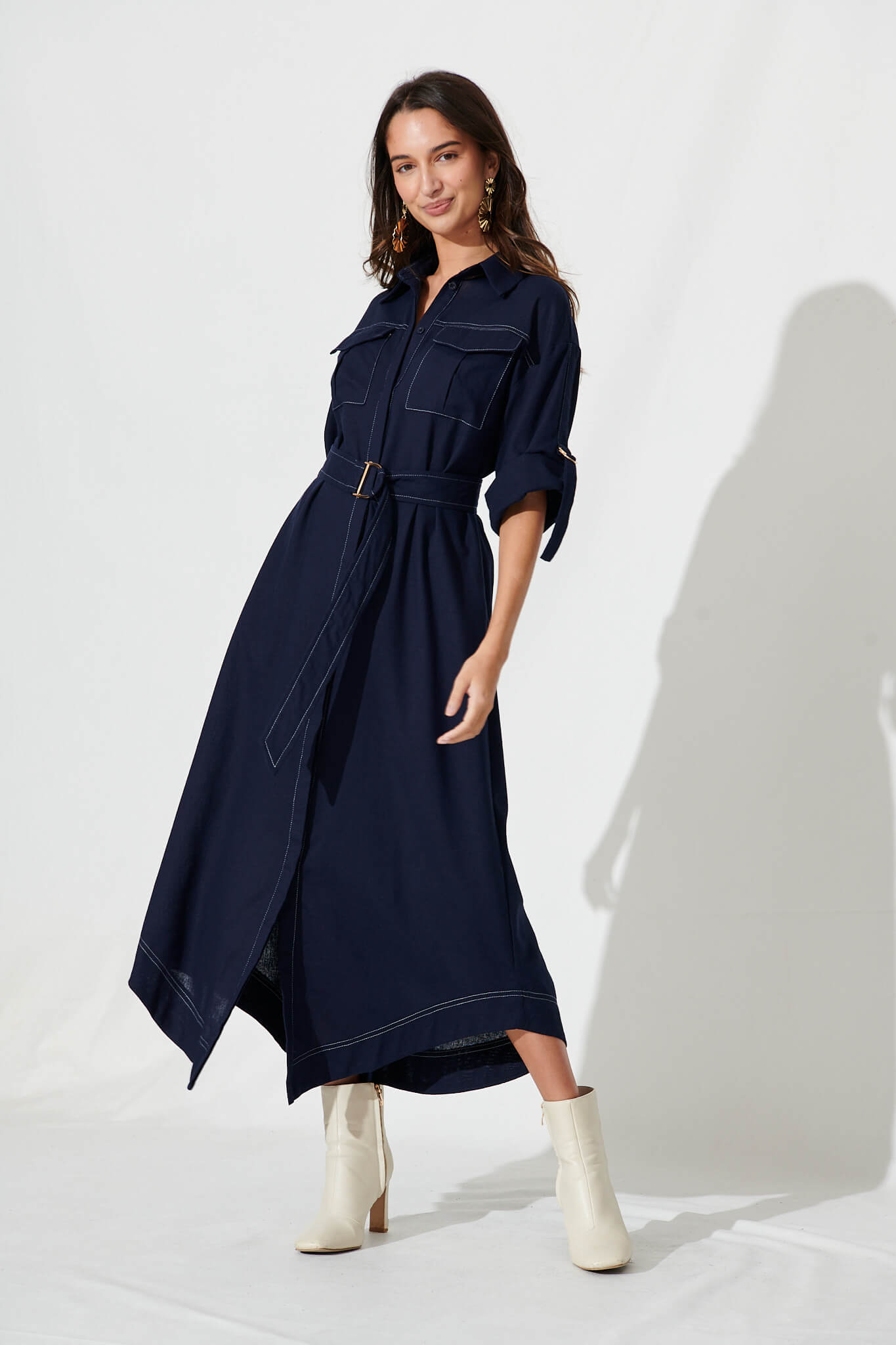 Copeland Midi Shirt Dress In Navy Linen Blend