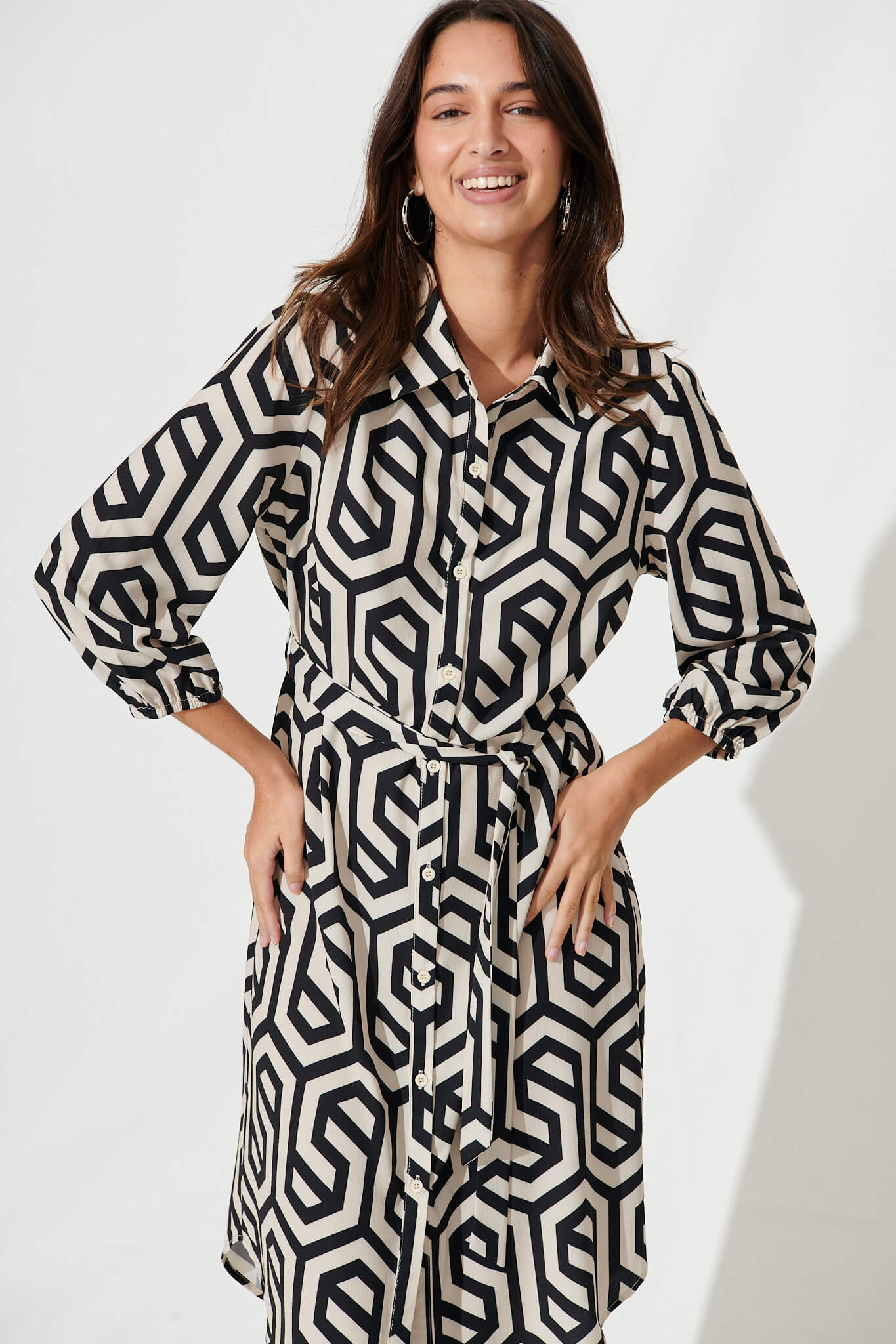 Maddington Shirt Dress In Cream With Black Geometric Print