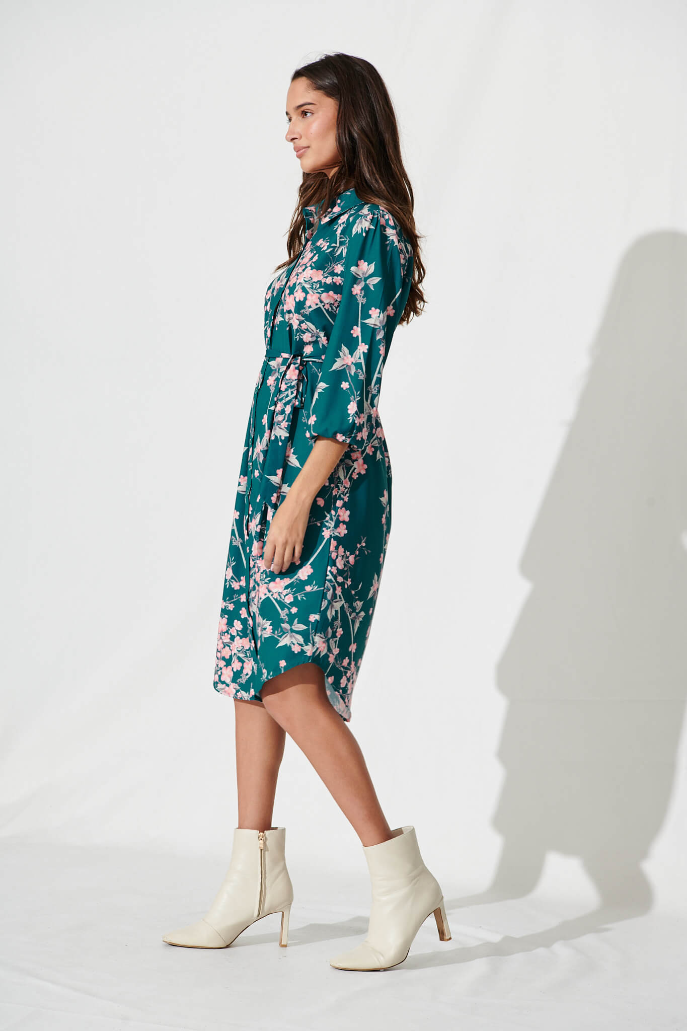 Maddington Shirt Dress In Teal With Pink Cherry Blossom