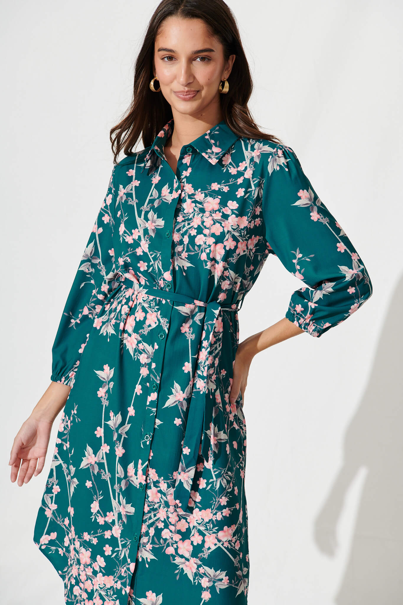 Maddington Shirt Dress In Teal With Pink Cherry Blossom