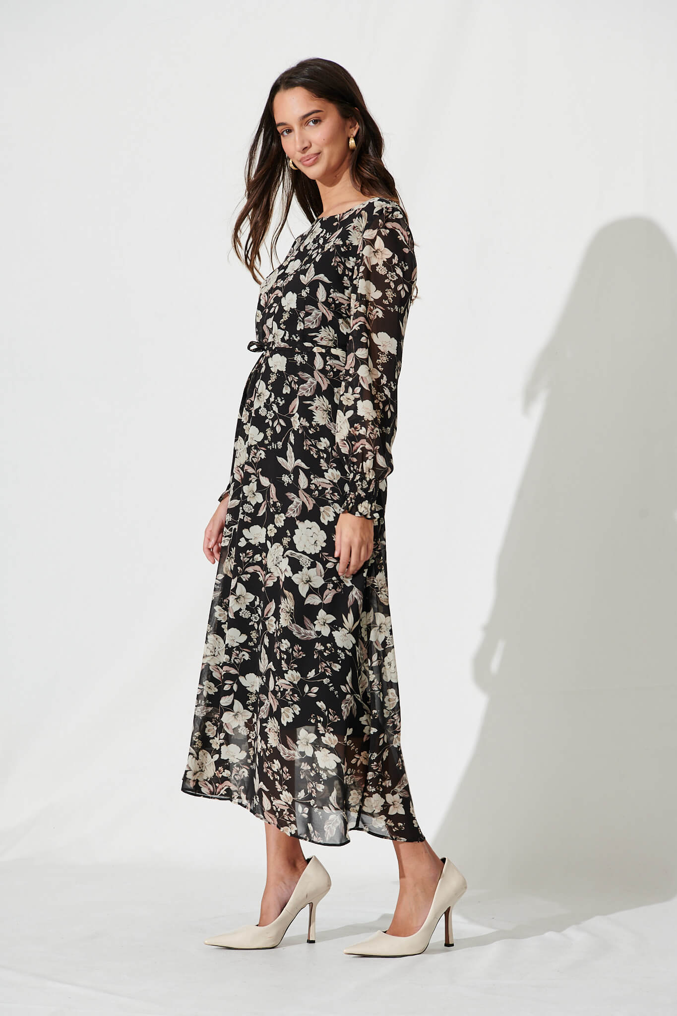 Lauren Midi Dress In Black With Cream Floral Chiffon