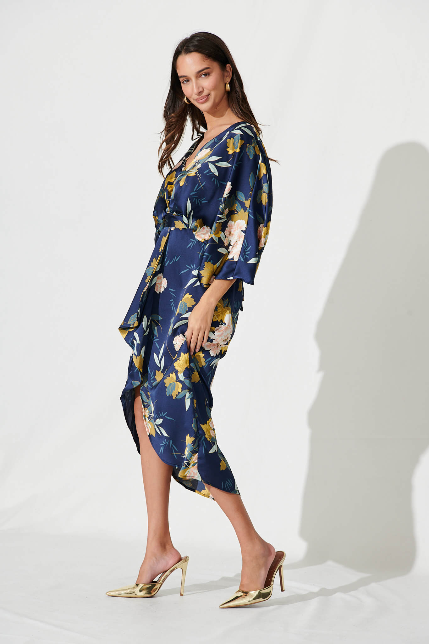 Joyful Midi Dress In Navy Floral Satin