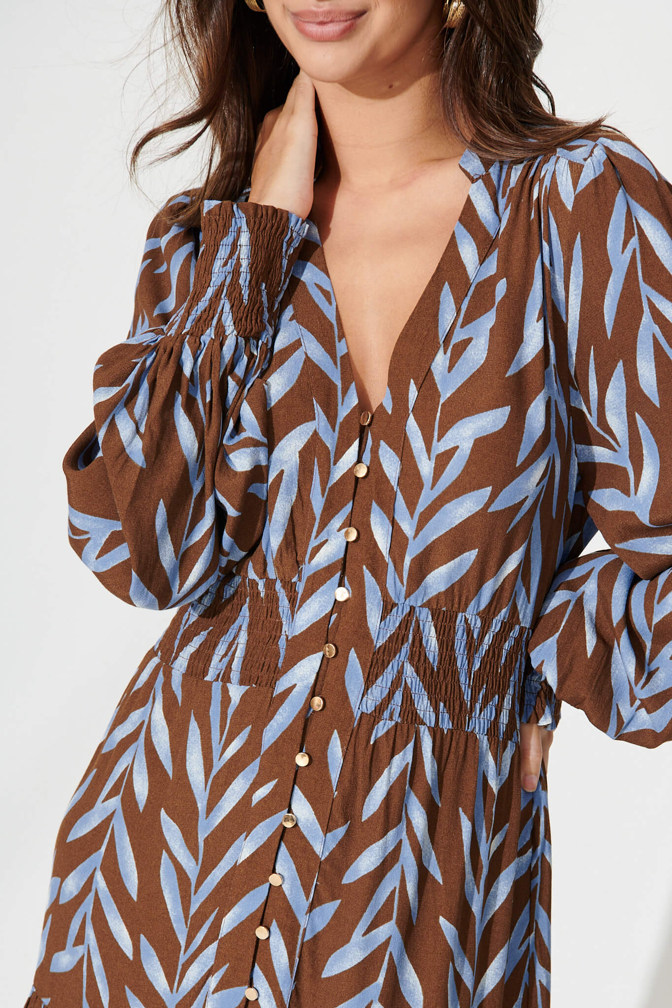 Kori Midi Dress In Chocolate With Blue Leaf Print