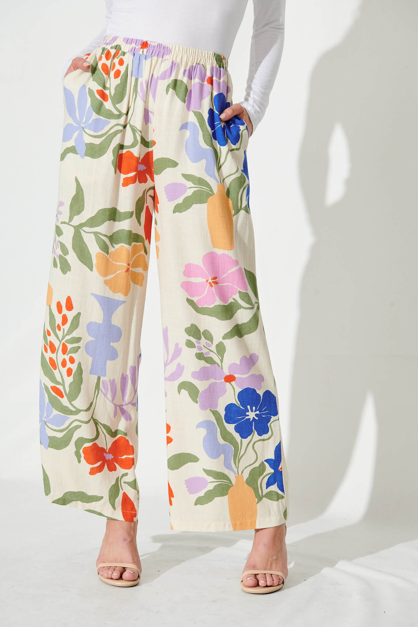 June Wide Leg Pants In Beige With Multi Floral Linen Blend