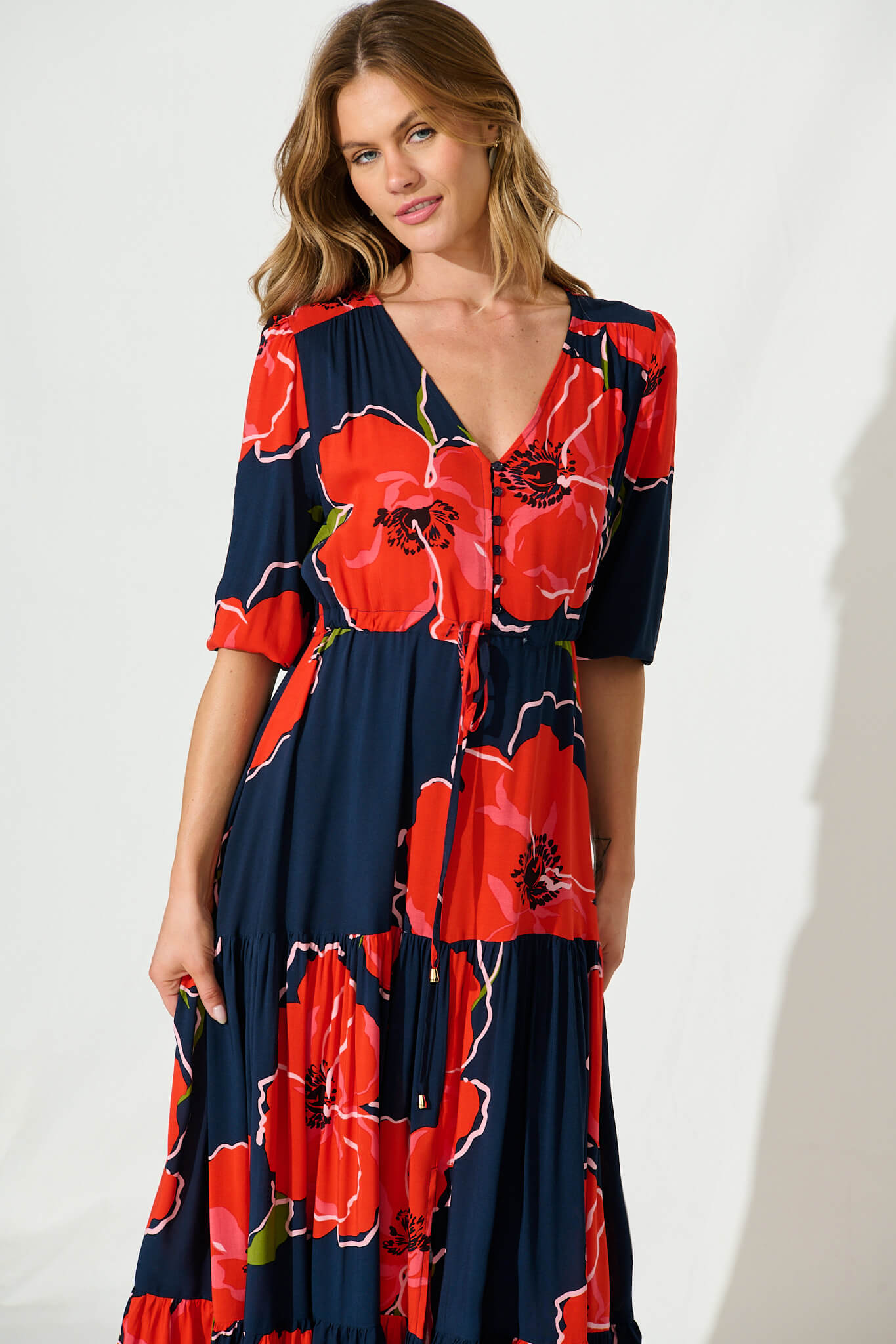 Emilia Maxi Dress In Navy With Red Floral