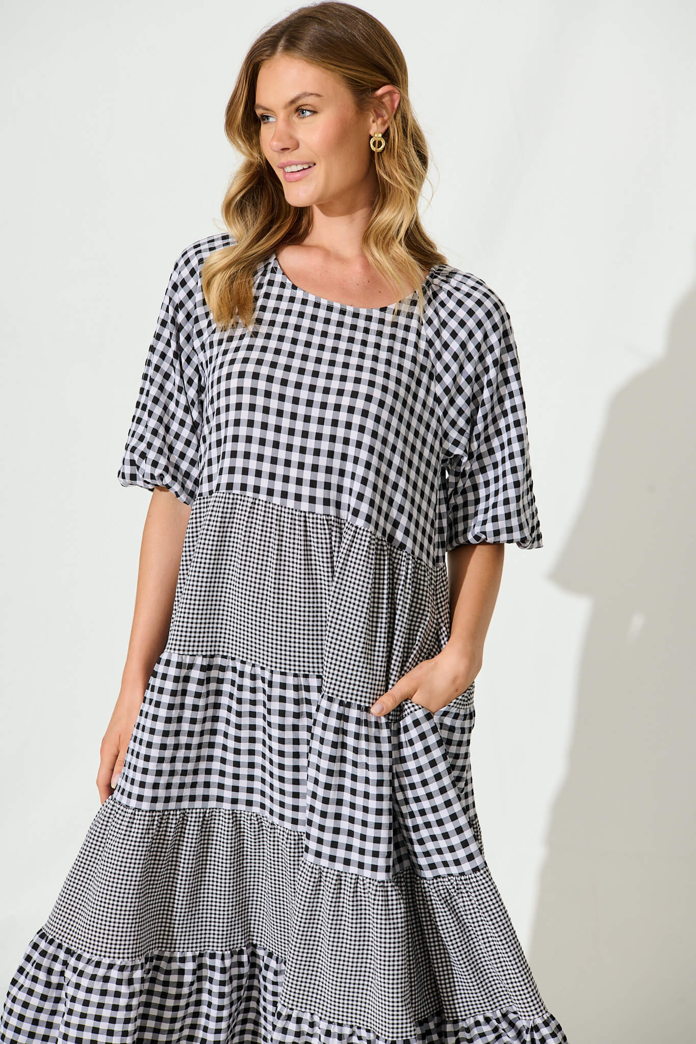 Kitty Midi Smock Dress In Black Gingham Check