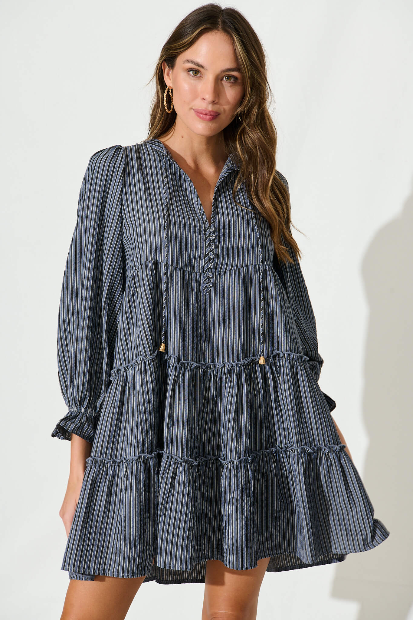 Gene Smock Dress In Navy Stripe Cotton Blend