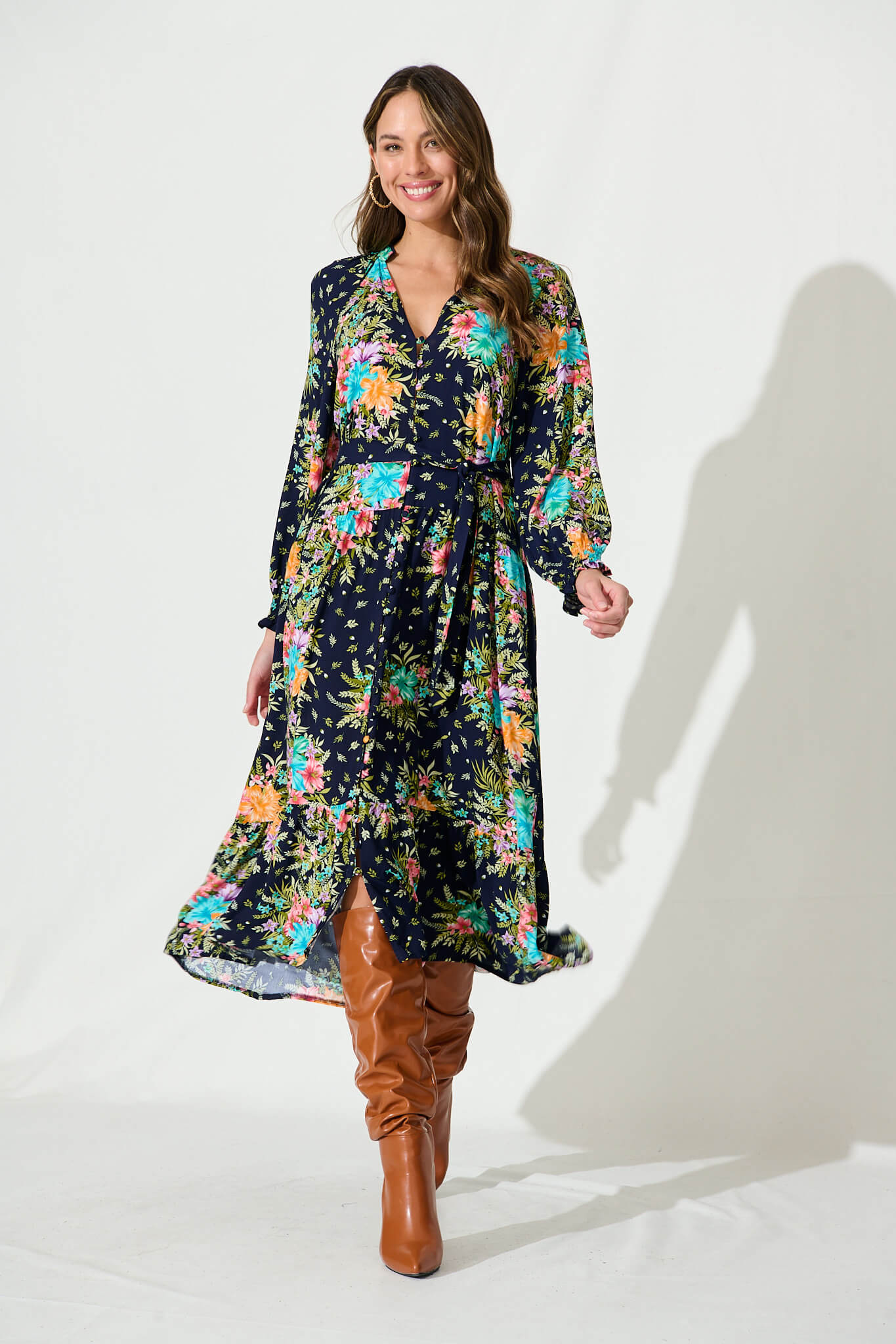 Frangipane Midi Dress In Navy With Multi Tropical Print