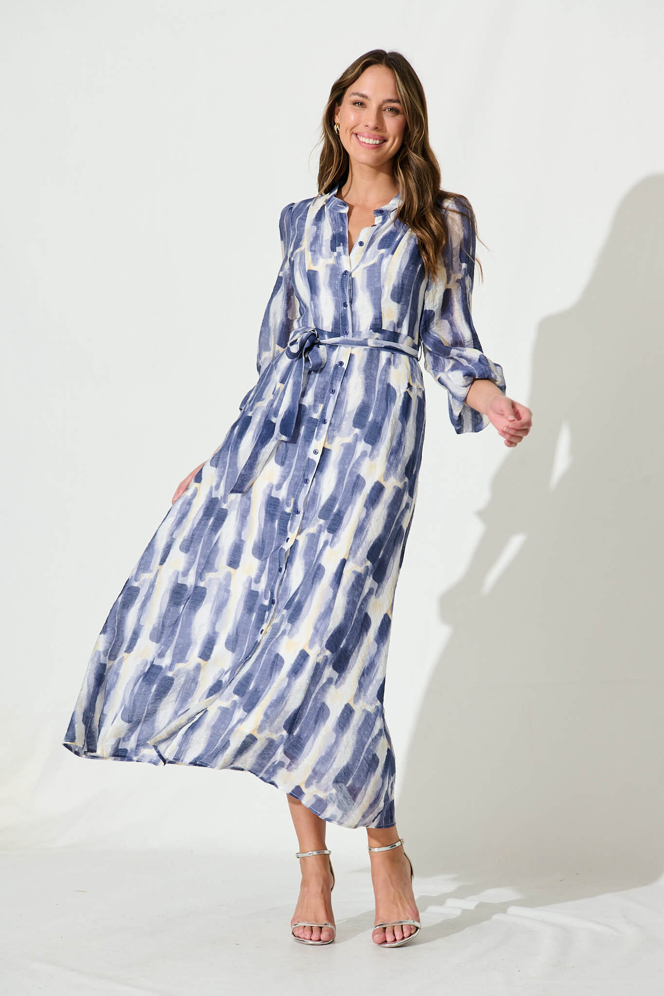 Lorie Maxi Shirt Dress In Blue Multi Brushstroke Print Cotton Blend