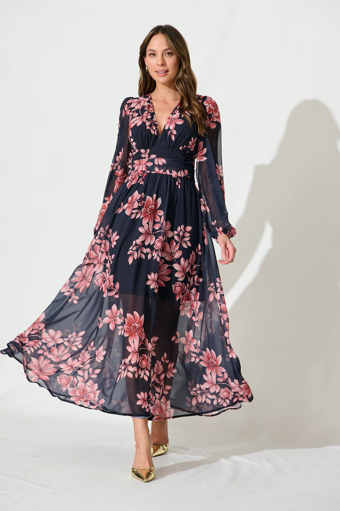 Kristy Maxi Dress In Black With Blush Floral Chiffon