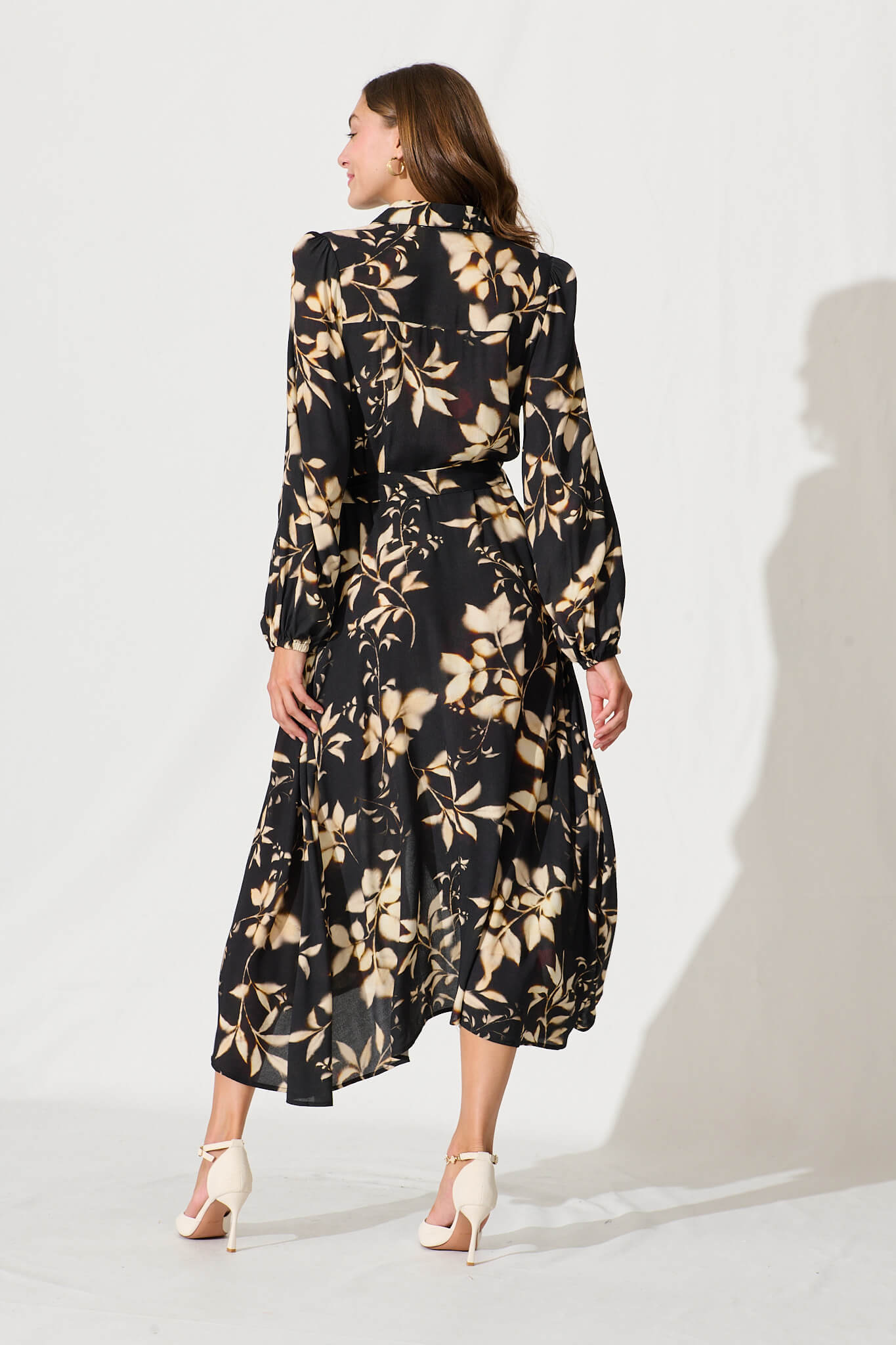 Josy Midi Shirt Dress In Black With Champagne Leaf Print