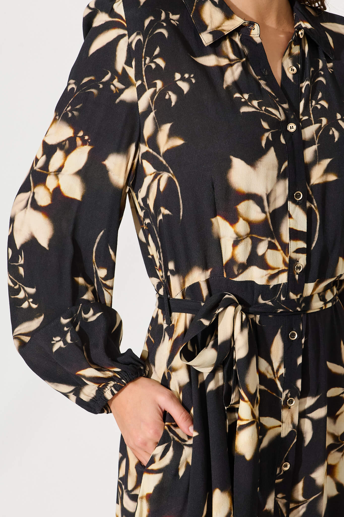 Josy Midi Shirt Dress In Black With Champagne Leaf Print