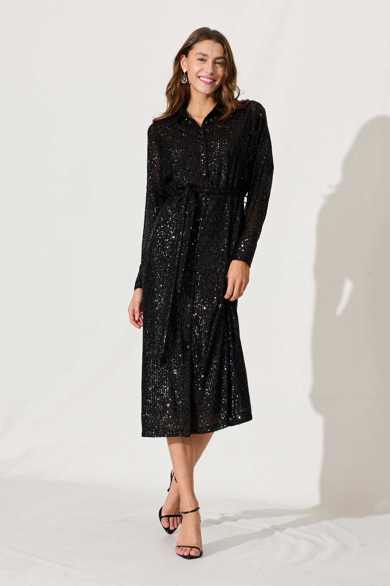 Diva Midi Shirt Dress In Black Sequin