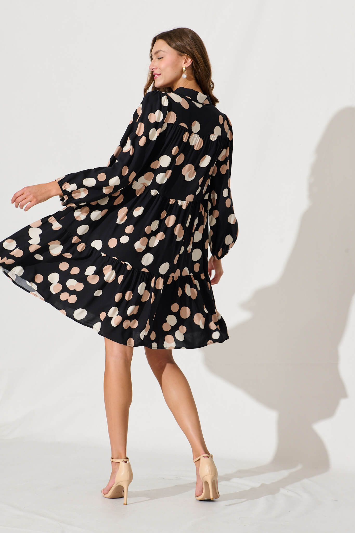 Felicity Smock Shirt Dress In Black With Cream Spot