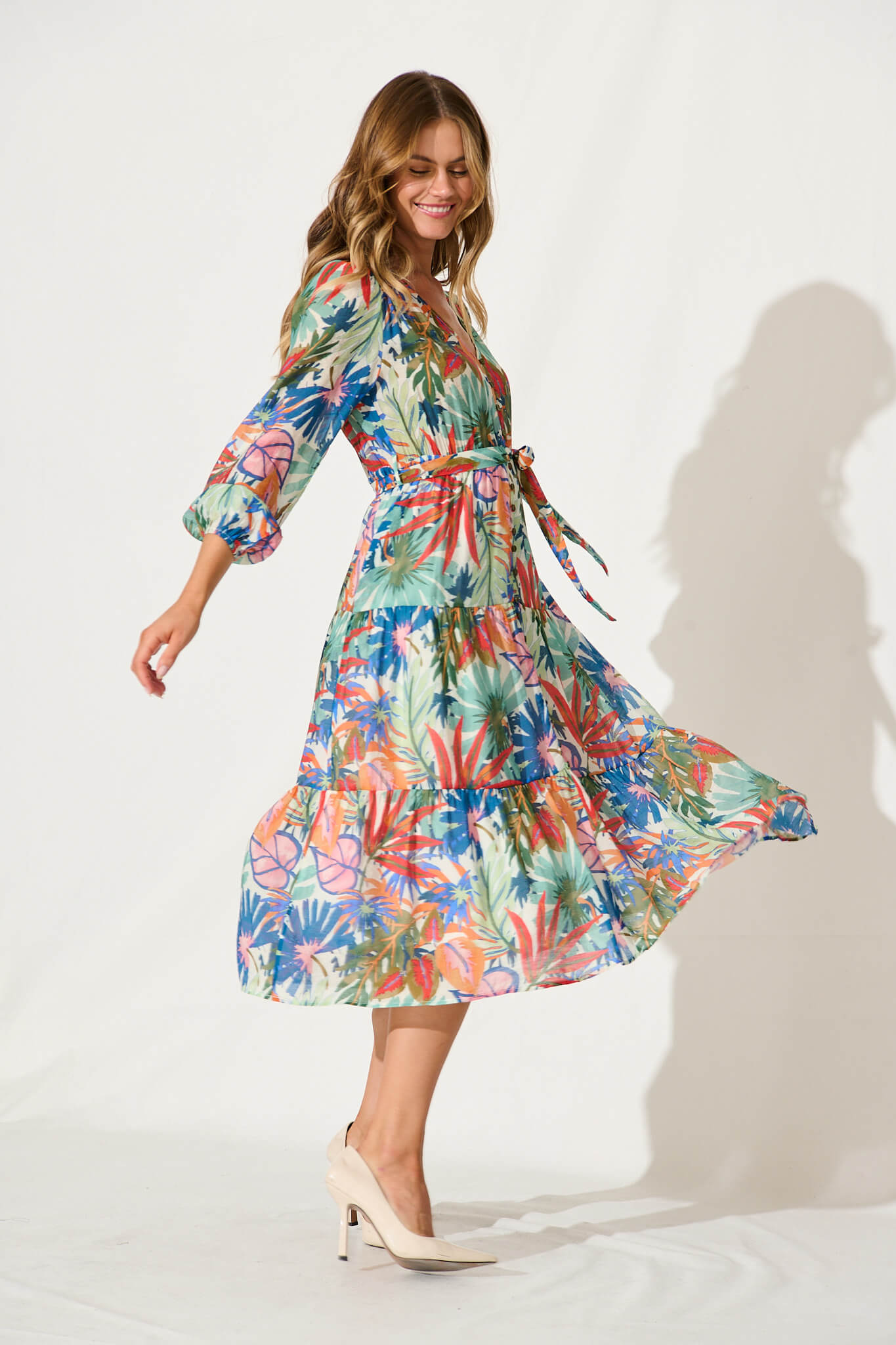 Hendrix Midi Dress In Multi Leaf Print Cotton Blend