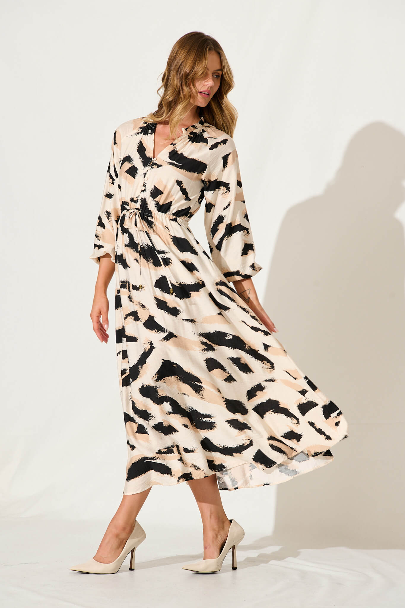 Cassia Maxi Dress In Beige With Black Print