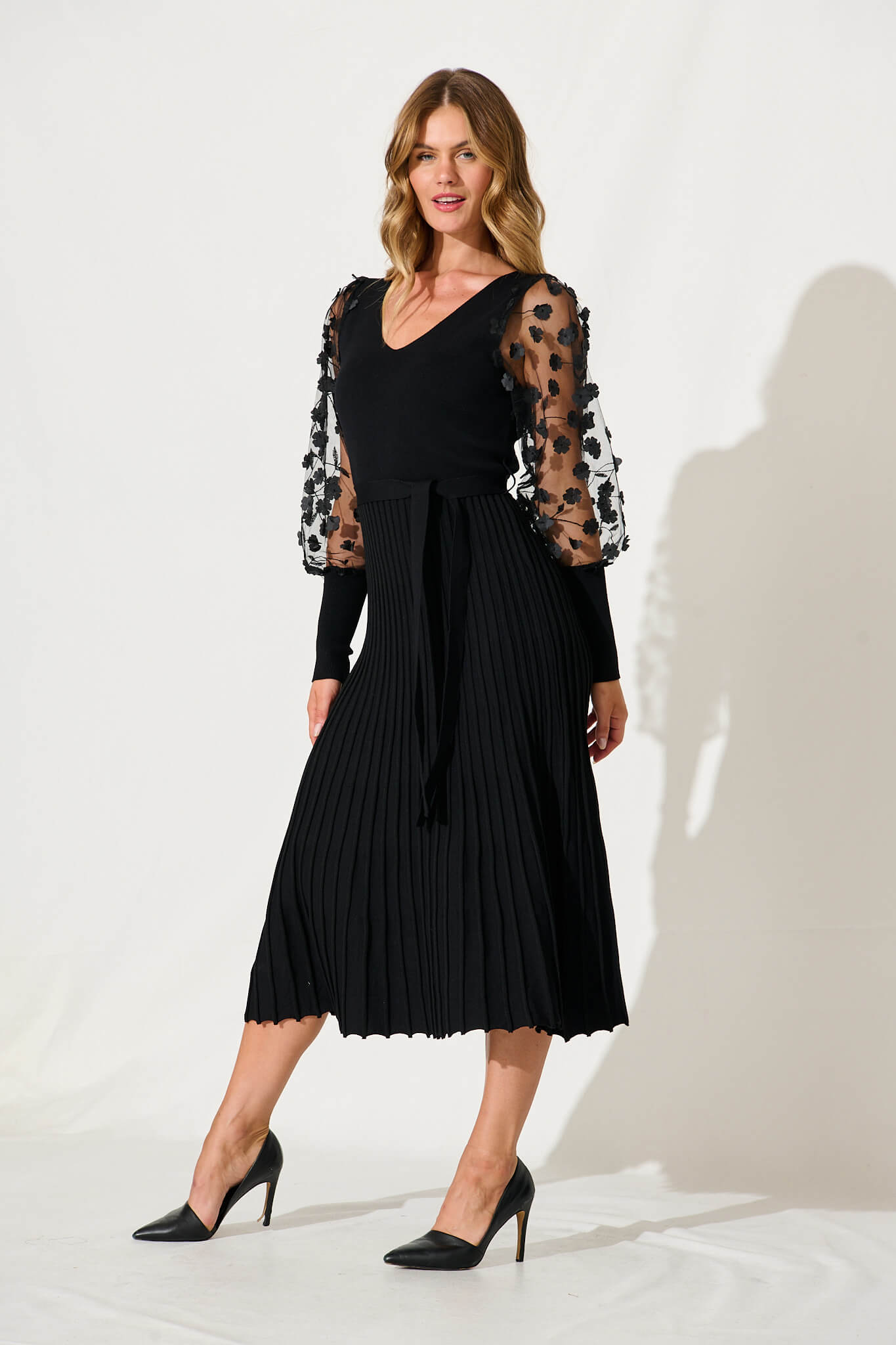 Enchanted Midi Knit Dress In Black With Mesh Flower Detail