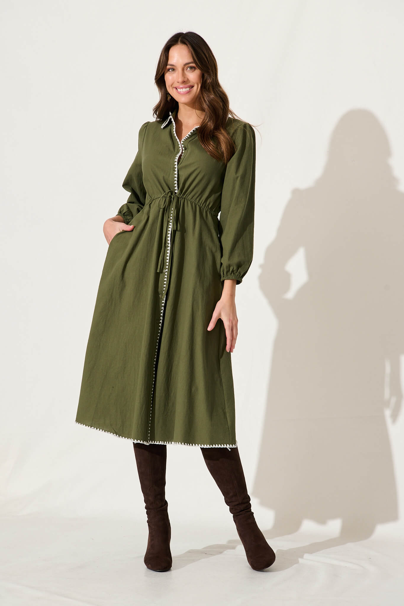 Lovers Lane Midi Shirt Dress In Khaki Cotton